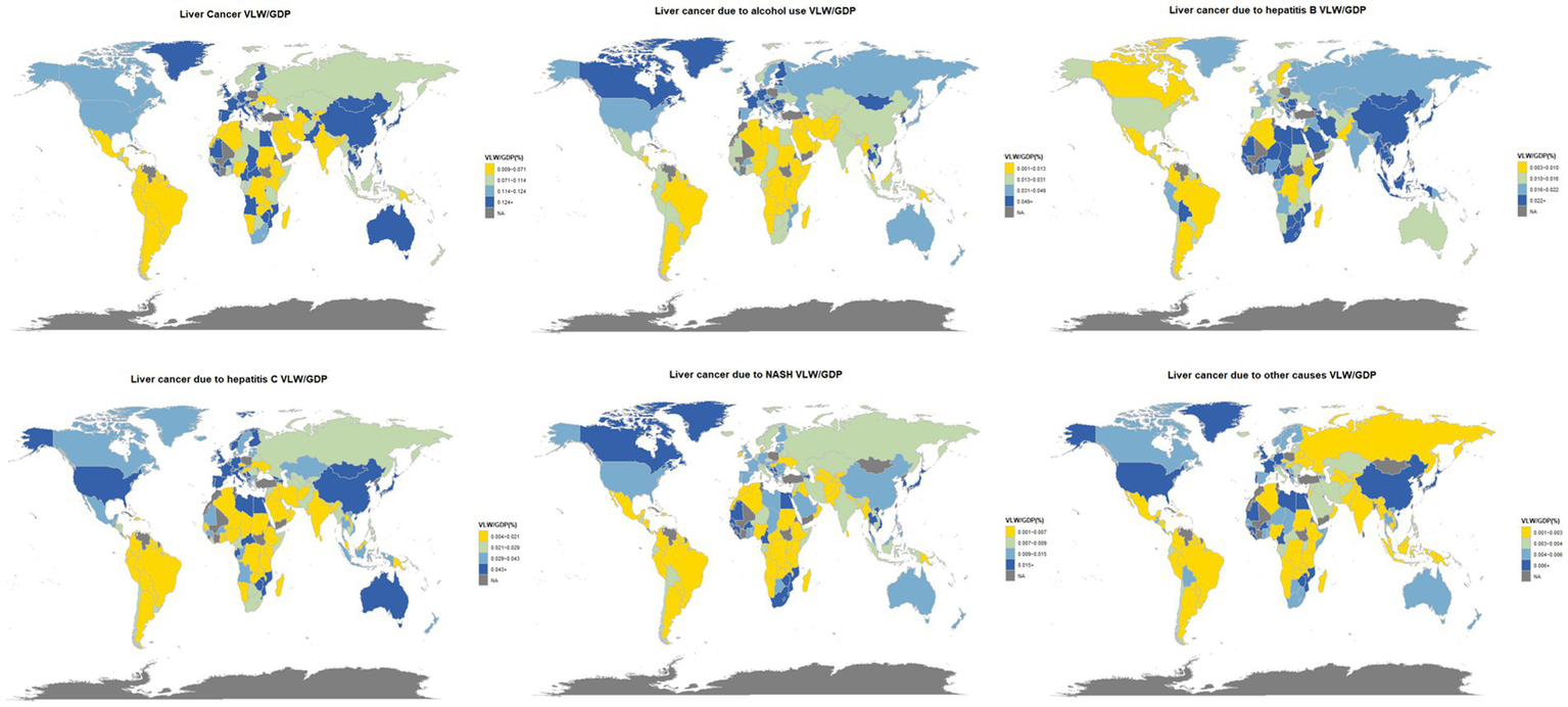 World maps illustrating liver cancer YLW per GDP by various causes: alcohol use, hepatitis B, hepatitis C, NASH, and other causes. Regions are color-coded to indicate different YLW/GDP ratios, ranging from yellow (lower) to blue (higher). Each map highlights global variations in liver cancer impact relative to GDP for specific causes.