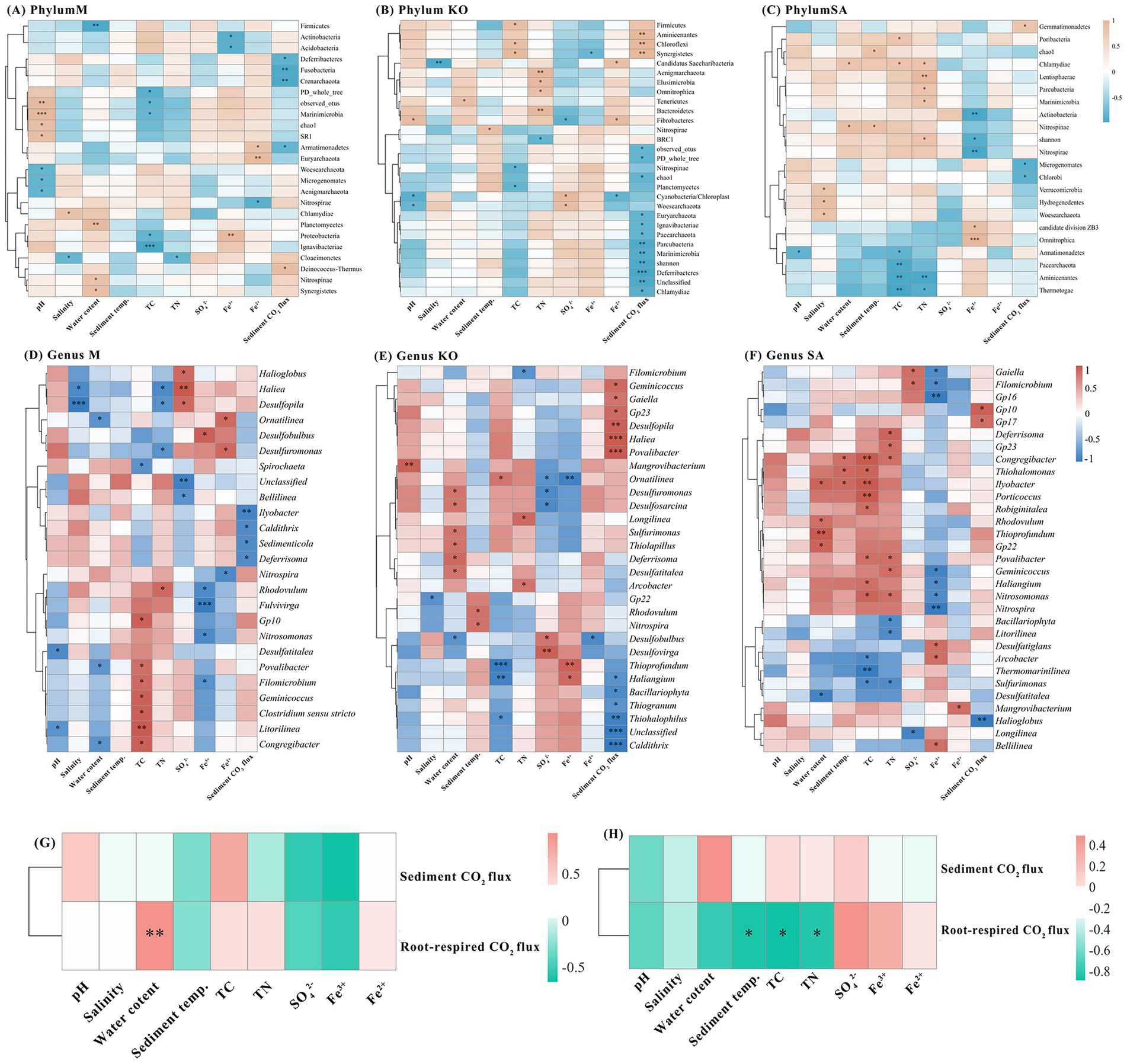 Heatmap displaying correlations between microbial taxa and environmental variables. Panels A-C show correlations at the phylum level, labeled as Phylum M, Phylum KO, and Phylum SA respectively. Panels D-F depict genus-level correlations for Genus M, Genus KO, and Genus SA. Color gradients indicate correlation strength from blue (negative) to red (positive). Panels G and H summarize correlations of environmental factors with sediment and root-respired CO₂ fluxes. Asterisks denote statistical significance. Each panel includes a color scale for correlation values.