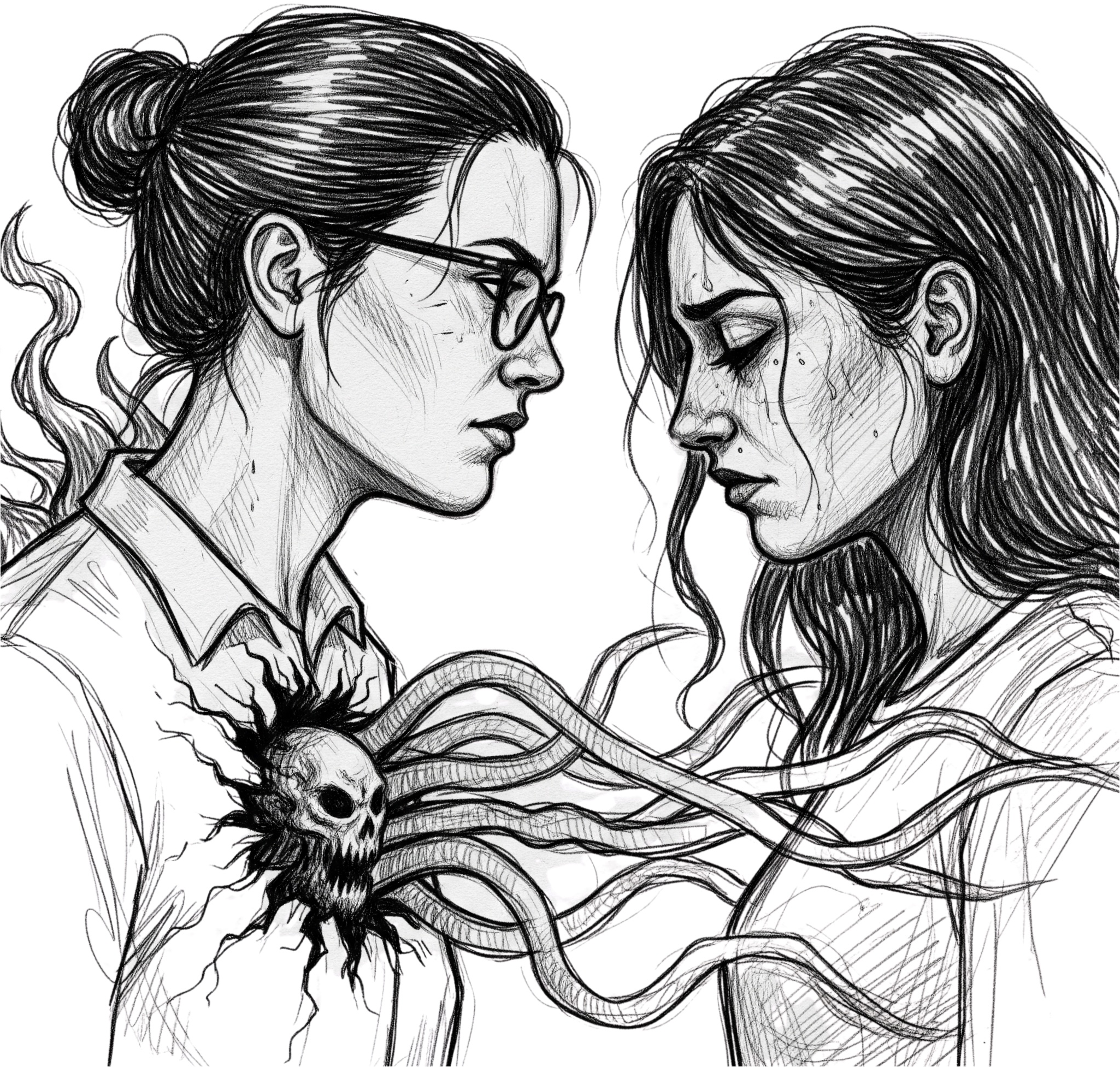 A black and white illustration of two women facing each other. The left woman wears glasses with her hair tied back and a cracked chest from which a skull and tendrils emerge, reaching toward the right woman, who looks down with a sorrowful expression.