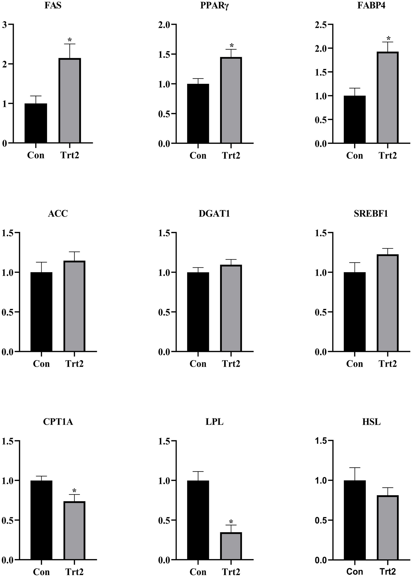 Nine bar graphs displaying the expression levels of genes FAS, PPARÎł, FABP4, ACC, DGAT1, SREBF1, CPT1A, LPL, and HSL. Each graph compares control (Con) and treatment (Trt2) groups. FAS, PPARÎł, FABP4 show a significant increase in Trt2, while CPT1A and LPL show a significant decrease. ACC, DGAT1, SREBF1, and HSL display no significant change. Asterisks indicate statistical significance.