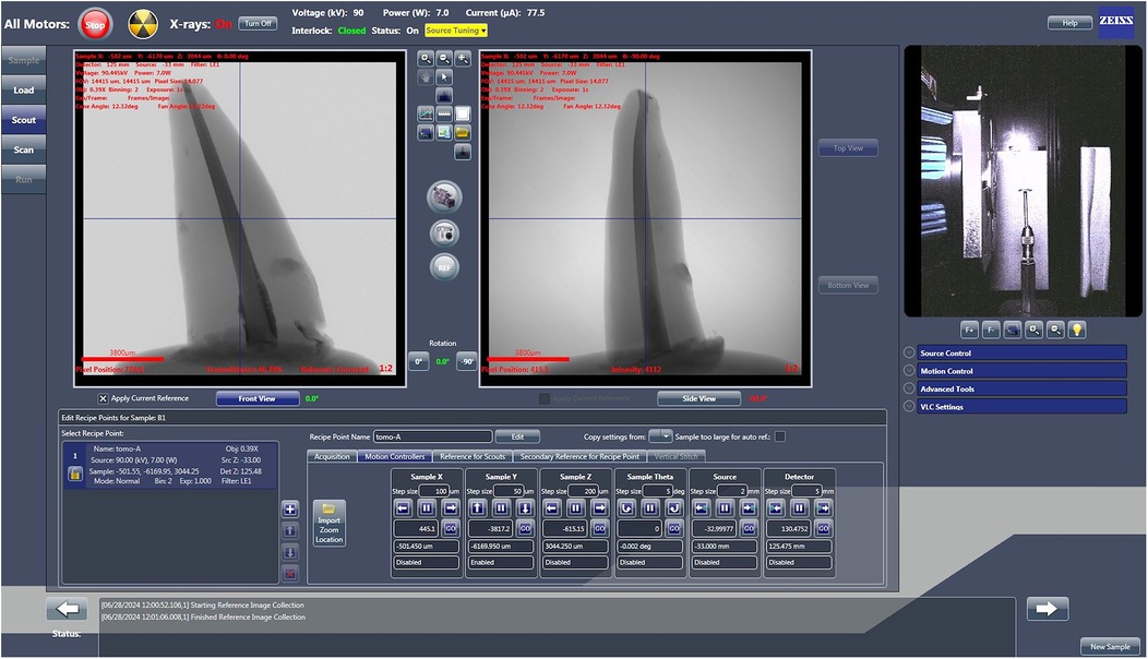 X-ray imaging software interface showing two X-ray images of a vertical object with detailed measurements and settings displayed. The images include annotations and measurements in red text. Control buttons and status information are visible, with a smaller photograph of the equipment setup on the right.