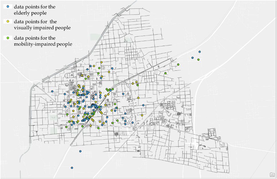 Map displaying data points for different groups: blue dots for elderly people, yellow dots for visually impaired people, and green dots for mobility-impaired people. The map shows various locations scattered throughout an urban area.