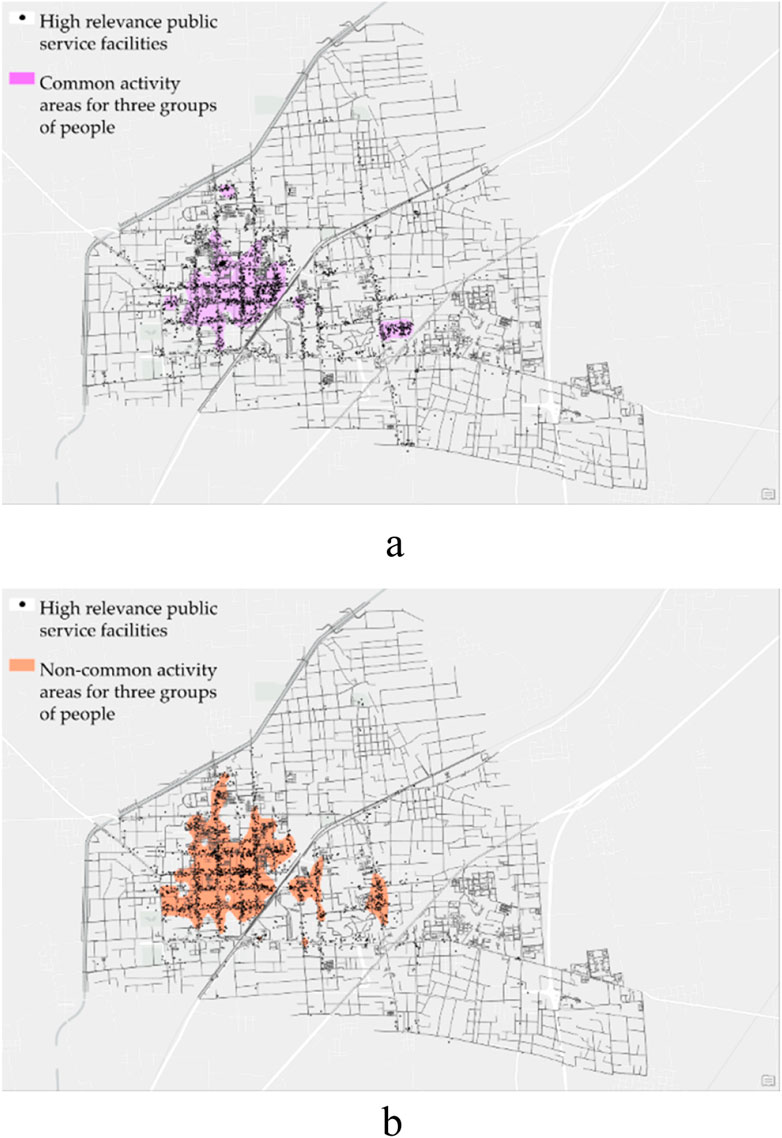 Map comparison highlighting activity areas and public service facilities. Image (a) shows purple areas for common activities among three groups, while image (b) features orange areas for non-common activities. Public service facilities are marked in black on both maps.