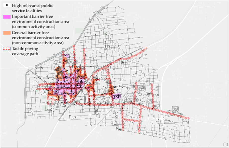 Map highlighting a city's barrier-free environment construction areas. Pink denotes important common activity areas, orange indicates general non-common activity areas, and red lines show tactile paving paths. Black dots represent high-relevance public service facilities.