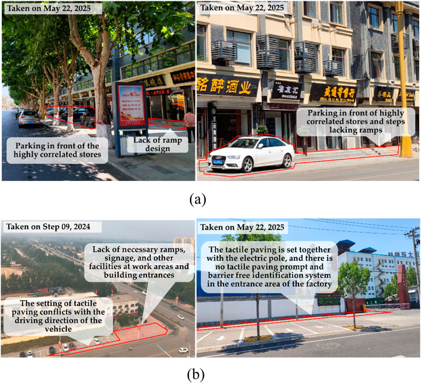 (a) Two images highlighting accessibility issues taken on May 22, 2025. The left image shows cars parked in front of stores with trees lining the street, and a lack of ramp design is noted. The right image displays a white car parked in front of another row of stores with steps that also lack ramps.(b) Two additional images addressing tactile paving and accessibility. The left photo, taken on September 9, 2024, shows tactile paving conflicting with vehicle traffic direction and missing ramps and signage at work areas. The right photo, dated May 22, 2025, shows tactile paving set alongside an electric pole with no barrier-free identification at a factory entrance.