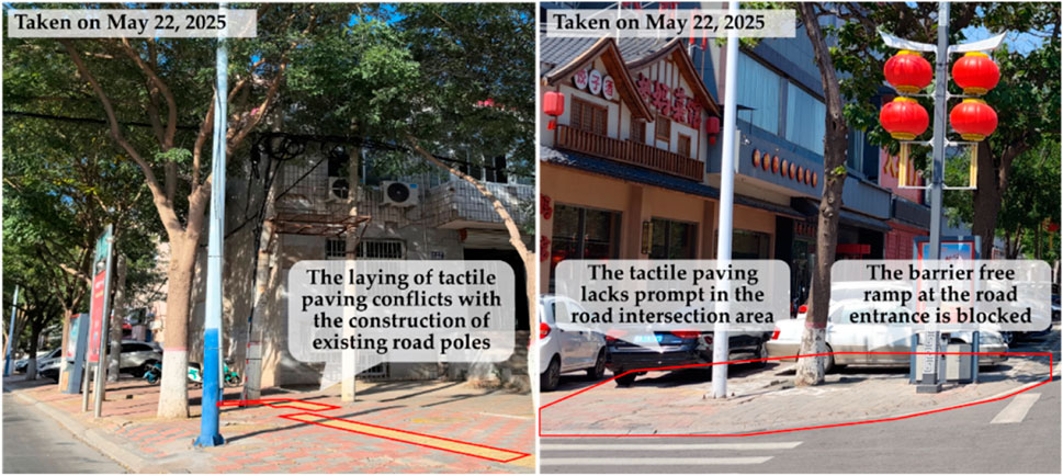 Two side-by-side photos taken on May 22, 2025, show issues with tactile paving. The left image displays tactile paving obstructed by road poles and trees. The right image highlights a lack of tactile paving at a road intersection and a blocked barrier-free ramp, emphasizing accessibility challenges.