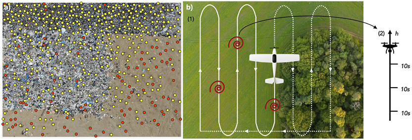 (a) Point-based annotation of storks (yellow) and gulls (red) on drone images at a landfill. (b) Illustration of a fixed-wing drone collecting atmospheric data and imagery of the environment over different habitats (1) and a quadcopter collecting wind data on a vertical profile where thermals are detected by the fixed-wing (2).
