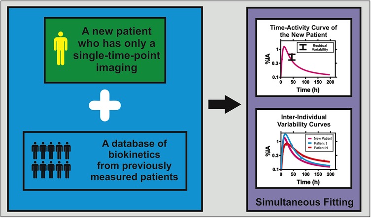 Diagram showing how a new patient with single-time-point imaging data and a database of previously measured biokinetics are combined. The result is two graphs titled \