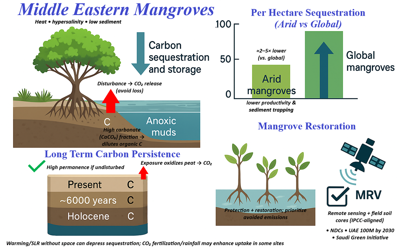 Diagram illustrating Middle Eastern mangroves. It shows carbon sequestration, anoxic muds, and high carbonate impact on organic carbon. A graph compares lower carbon sequestration in arid versus global mangroves. Mangrove restoration focuses on protection and prioritizing avoided emissions, supported by remote sensing and field soil cores aligned with IPCC guidelines, UAE goals, and the Saudi Green Initiative.