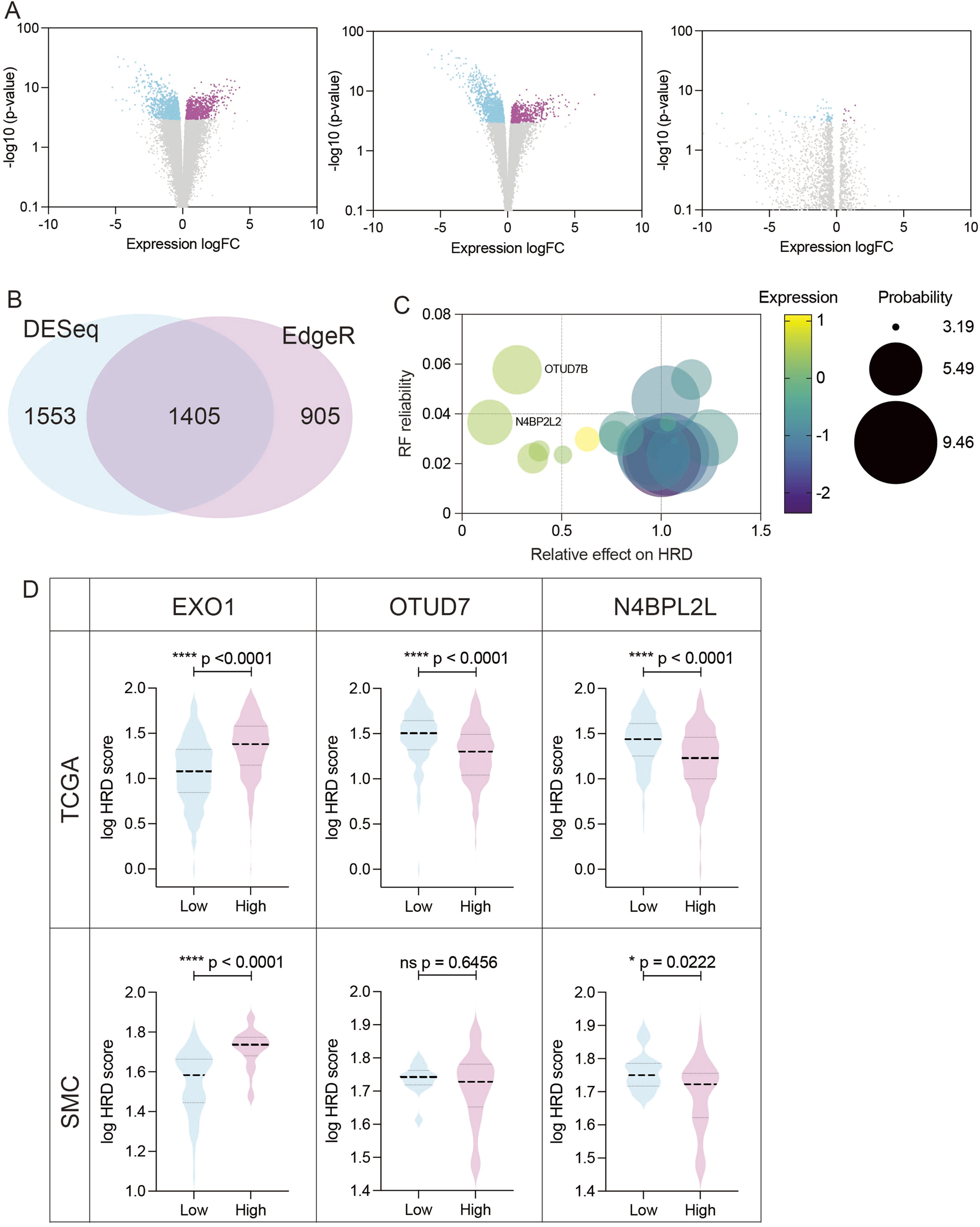 Panel A shows three volcano plots with expression log fold change on the x-axis and negative log p-value on the y-axis, highlighting significant genes. Panel B presents a Venn diagram comparing gene overlap between DESeq and EdgeR analyses, with 1,553 and 905 unique genes respectively, and 1,405 overlapping genes. Panel C is a scatter plot displaying RF reliability against the relative effect on HRD, with bubble sizes representing probability and colors indicating expression levels. Panel D features violin plots comparing log HRD scores across EXO1, OTUD7, and N4BPL2L with significance values in both TCGA and SMC datasets.