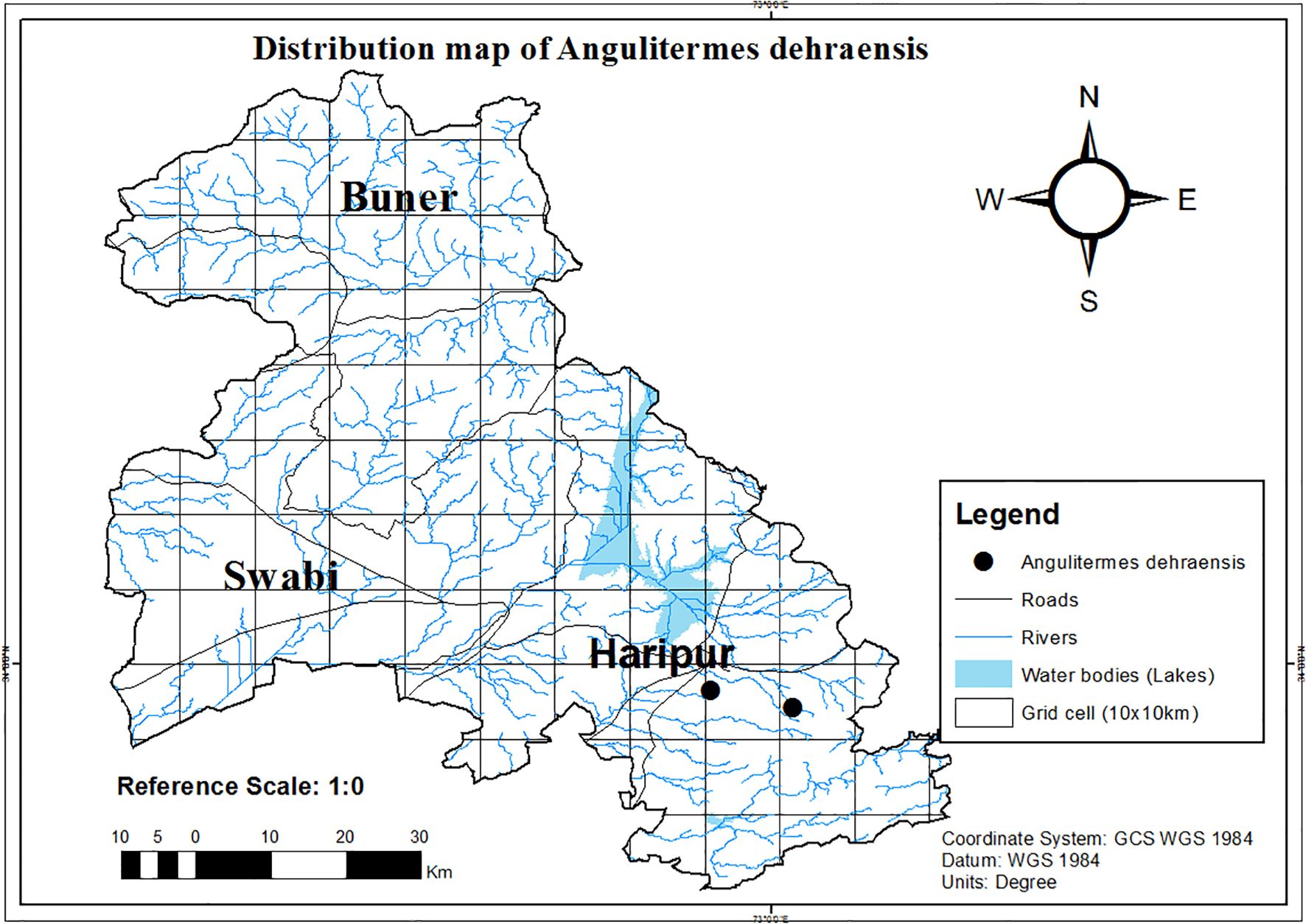 Distribution map of Angulitermes dehraensis in regions including Buner, Swabi, and Haripur. The map shows roads, rivers, water bodies, and grid cells. Black dots indicate the presence of Angulitermes dehraensis. Includes a compass rose and legend detailing symbols used. Scale provided is 1:0.
