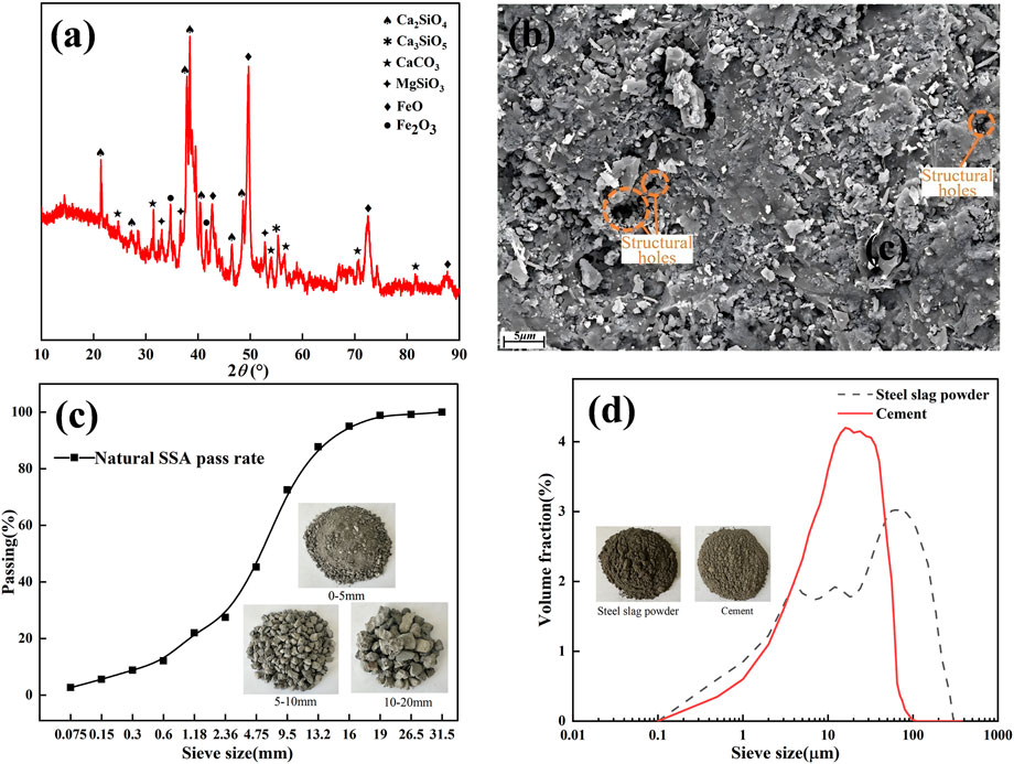 (a) X-ray diffraction pattern with peaks indicating Ca₂SiO₄, Ca₃SiO₅, CaCO₃, MgSiO₃, FeO, and Fe₂O₃ compounds. (b) Microscopic image showing structural holes in a material. (c) Graph showing the natural SSA pass rate versus sieve size in millimeters, with images of aggregates of different sizes (0-5mm, 5-10mm, 10-20mm). (d) Graph comparing volume fraction of steel slag powder and cement, with images of each powder type included.