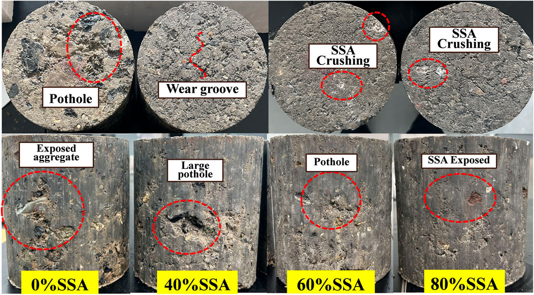Concrete core samples display various surface conditions marked with red circles and labels. The top row shows potholes, wear grooves, and SSA crushing. The bottom row highlights exposed aggregate, large potholes, and SSA exposure, with percentages of SSA noted as 0%, 40%, 60%, and 80%.