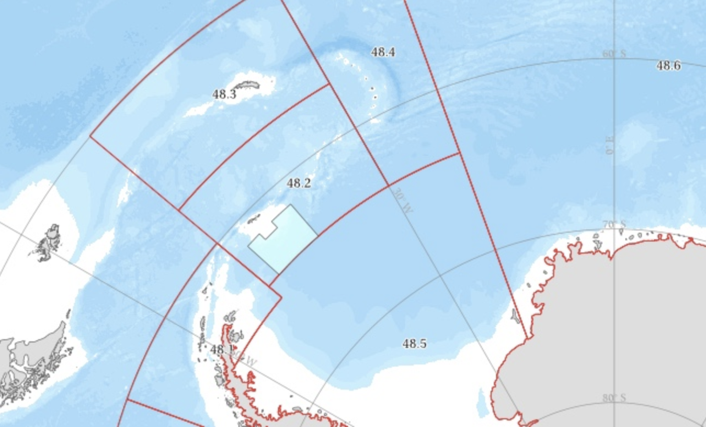 Map of the Antarctic region divided into sections marked by red lines and labeled with numbers such as 48.2 and 48.3. The map shows landmasses in gray and blue, with a focus on geographic and territorial divisions.