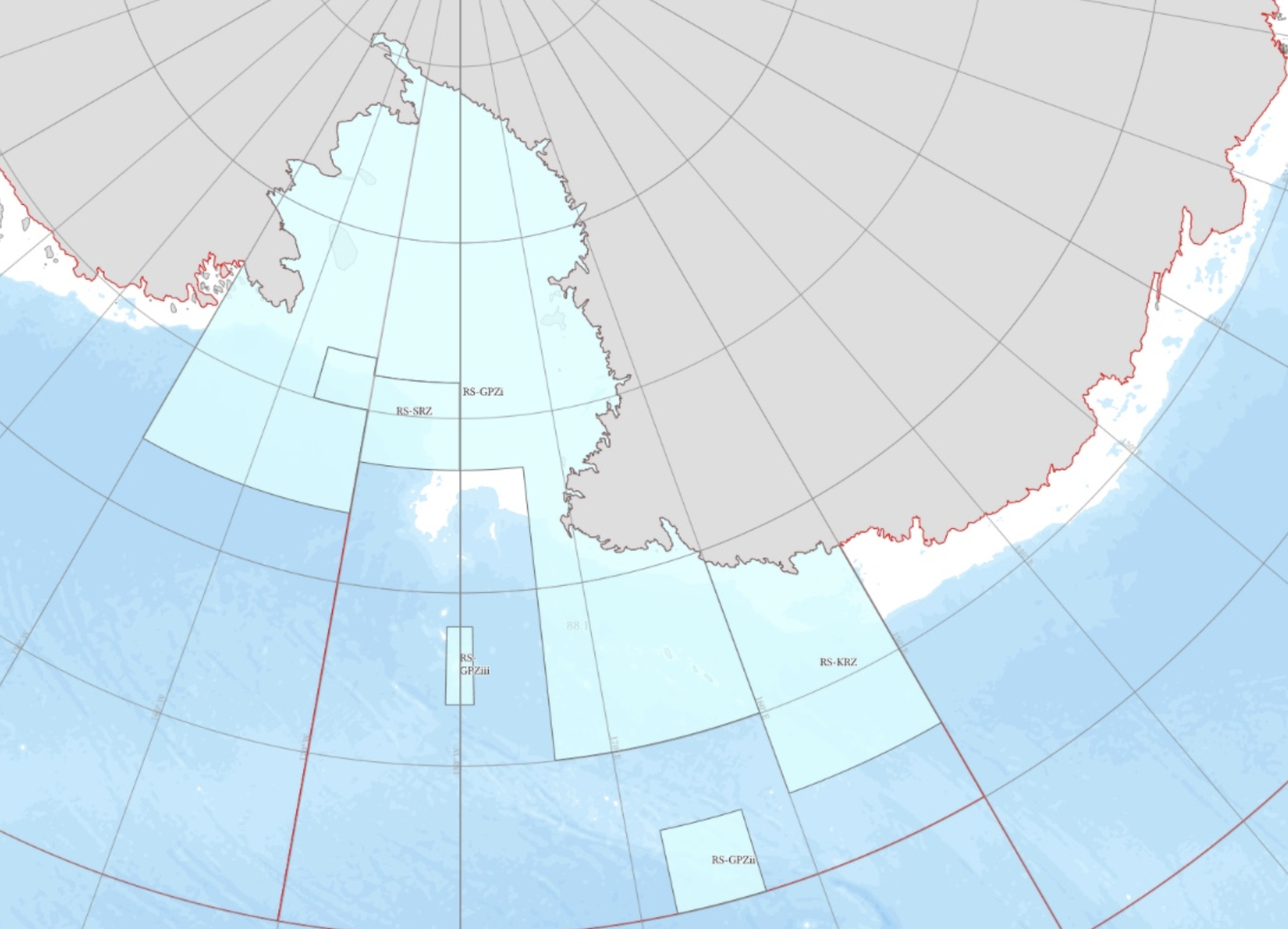 Map illustrating the territories of Antarctica divided into sections labeled RS-SRZ, RS-GPZ, RS-KRZ, and RS-GPZi. The land area is shaded light gray, surrounded by light blue ocean regions within marked boundaries.