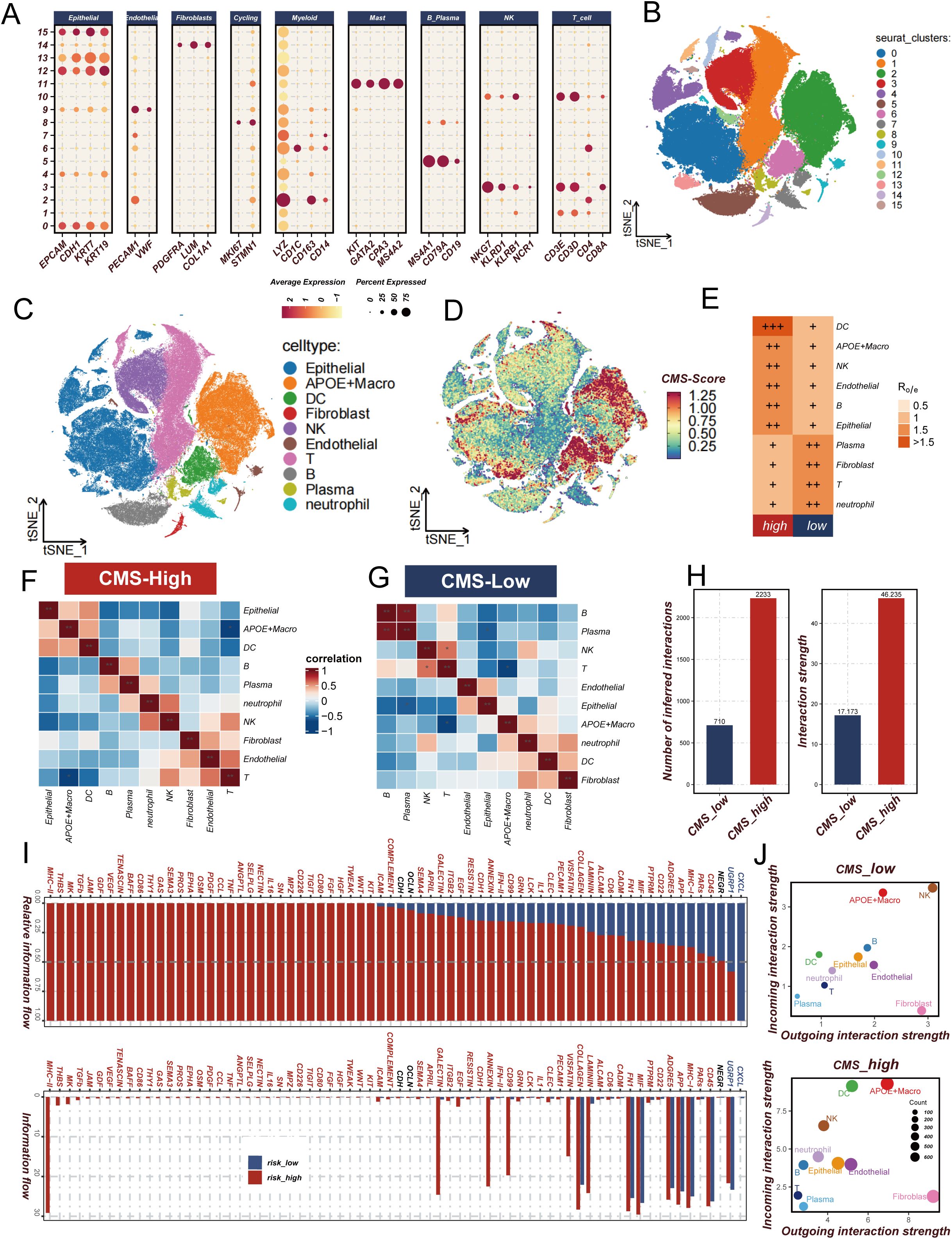 The image contains a series of scientific figures analyzing cell types and interactions. Figure A shows dot plots of average expression and percentage of different cell types. Figure B presents a t-SNE plot detailing seurat clusters. Figure C is a t-SNE plot depicting various cell types, while Figure D displays a CMS score map. Figure E includes a heatmap of cell roles with CMS scores. Figures F and G showcase correlation matrices for CMS-High and CMS-Low. Figure H contains bar graphs comparing interaction numbers and strengths. Figure I features bar charts of interaction flow for high-risk and low-risk groups. Figure J presents bubble plots of incoming and outgoing interaction strengths for CMS-low and CMS-high.