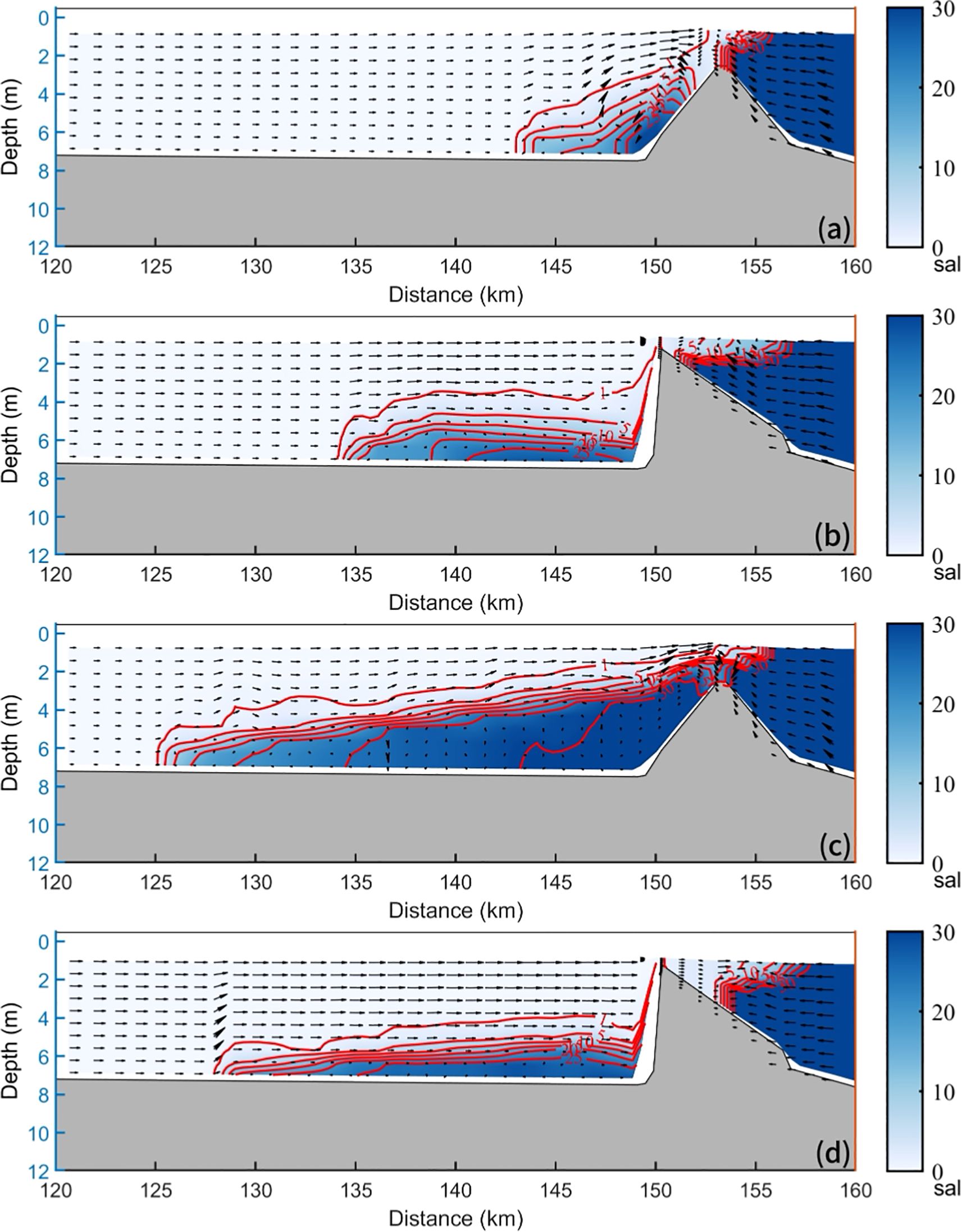 Four panels labeled (a) to (d) depict salinity profiles with depth versus distance in kilometers. Each graph features contours indicating salinity levels, color-coded from light blue (0 PSU) to dark blue (30 PSU). Red lines indicate specific salinity contours, and black arrows indicate ocean currents. Terrain is represented in gray at the bottom of each panel. Salinity gradients and current distribution vary across panels.