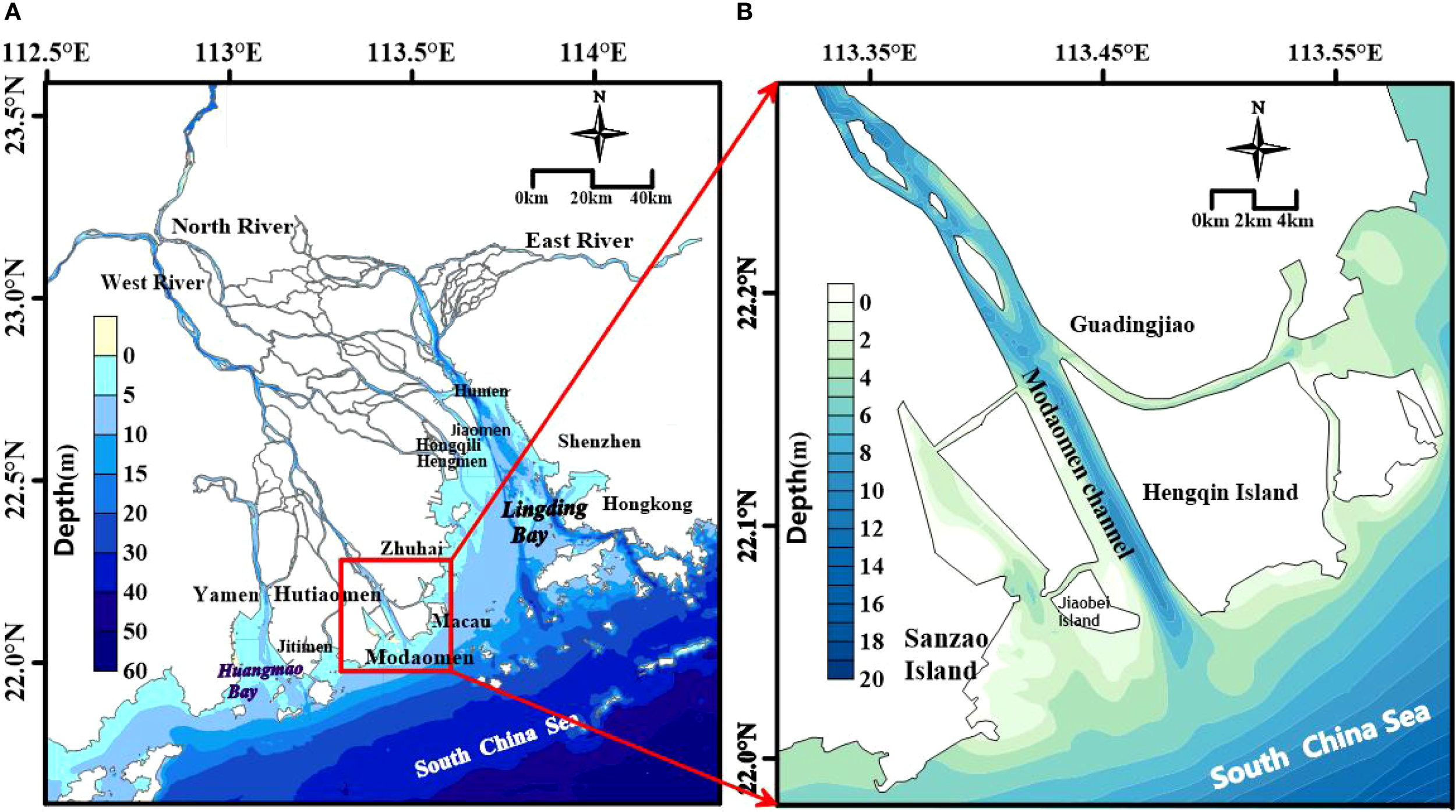 Map split into two panels, labeled A and B, showing depth details of waterways in South China Sea region near Lingding Bay. Panel A depicts a broader view with rivers and cities, including Hong Kong, Macau, and Shenzhen. Depth ranges from 0 to 60 meters, color-coded from light yellow to dark blue. Panel B focuses on a detailed view of Modoaomen Channel, illustrating depths up to 20 meters. Surrounding islands include Hengqin, Sanzhao, and Jiaobei. Both panels include scale bars and north indicators.