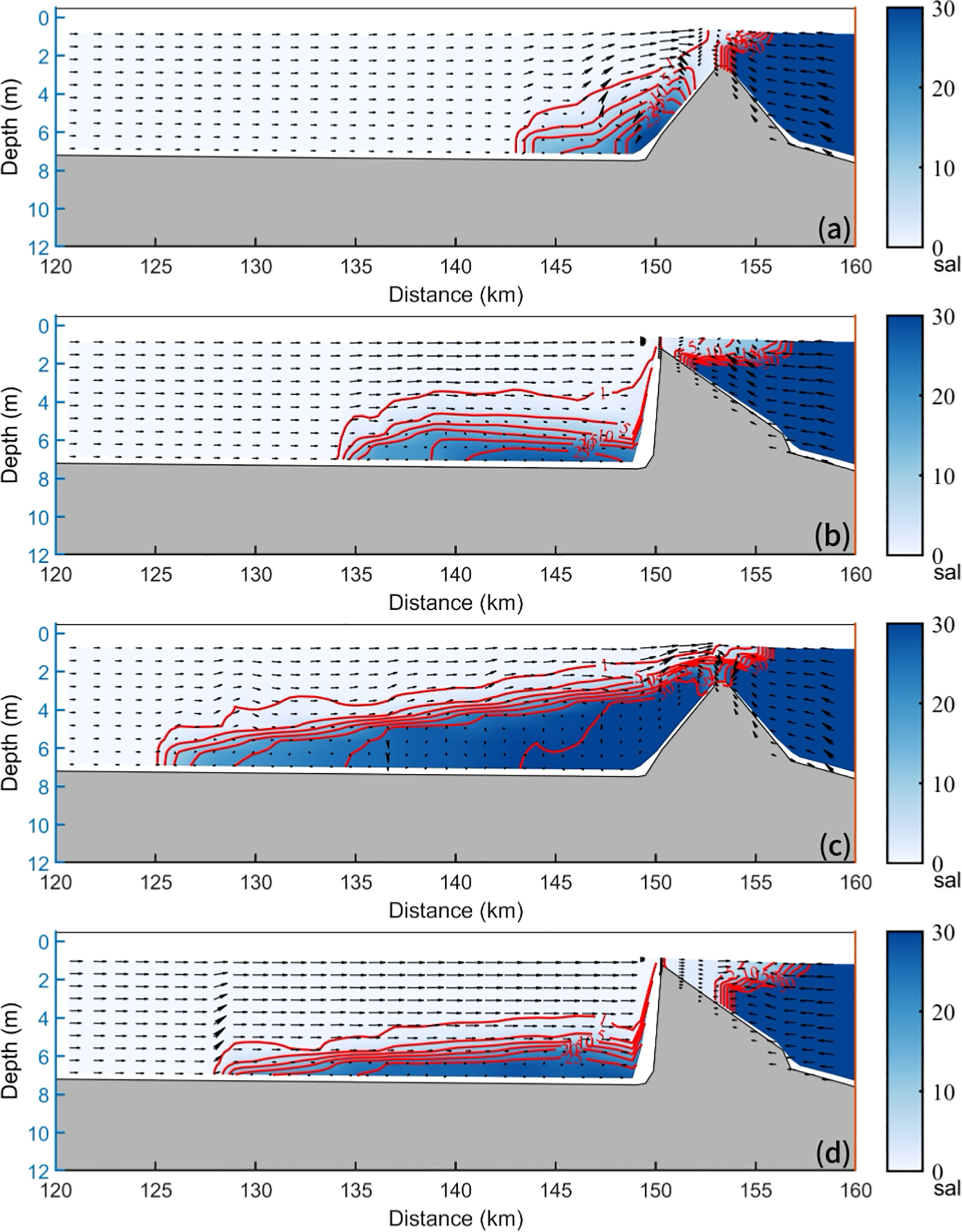 Four panels labeled (a) to (d) depict salinity profiles with depth versus distance in kilometers. Each graph features contours indicating salinity levels, color-coded from light blue (0 PSU) to dark blue (30 PSU). Red lines indicate specific salinity contours, and black arrows indicate ocean currents. Terrain is represented in gray at the bottom of each panel. Salinity gradients and current distribution vary across panels.