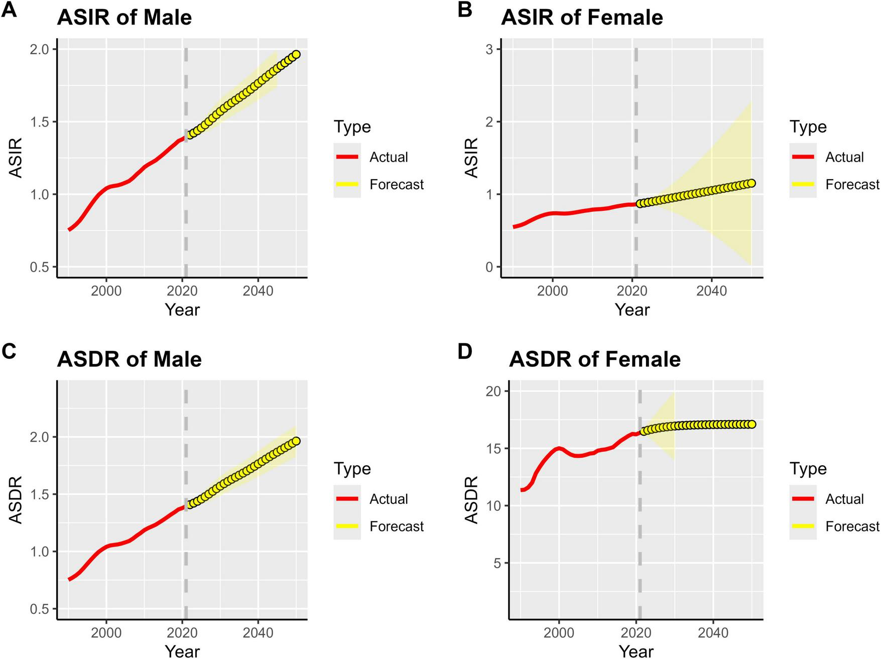 Four graphs show ASIR and ASDR trends by gender from 2000 to 2060. Graph A displays male ASIR rising from around 1.0 to above 1.5, with forecasts extending to 2060. Graph B shows female ASIR increasing similarly, with some forecast variability. Graph C depicts male ASDR increasing from 1.0 to over 2.0. Graph D shows female ASDR rising from 10 to over 15 with a forecast range. Actual data is in red, forecasted is yellow.