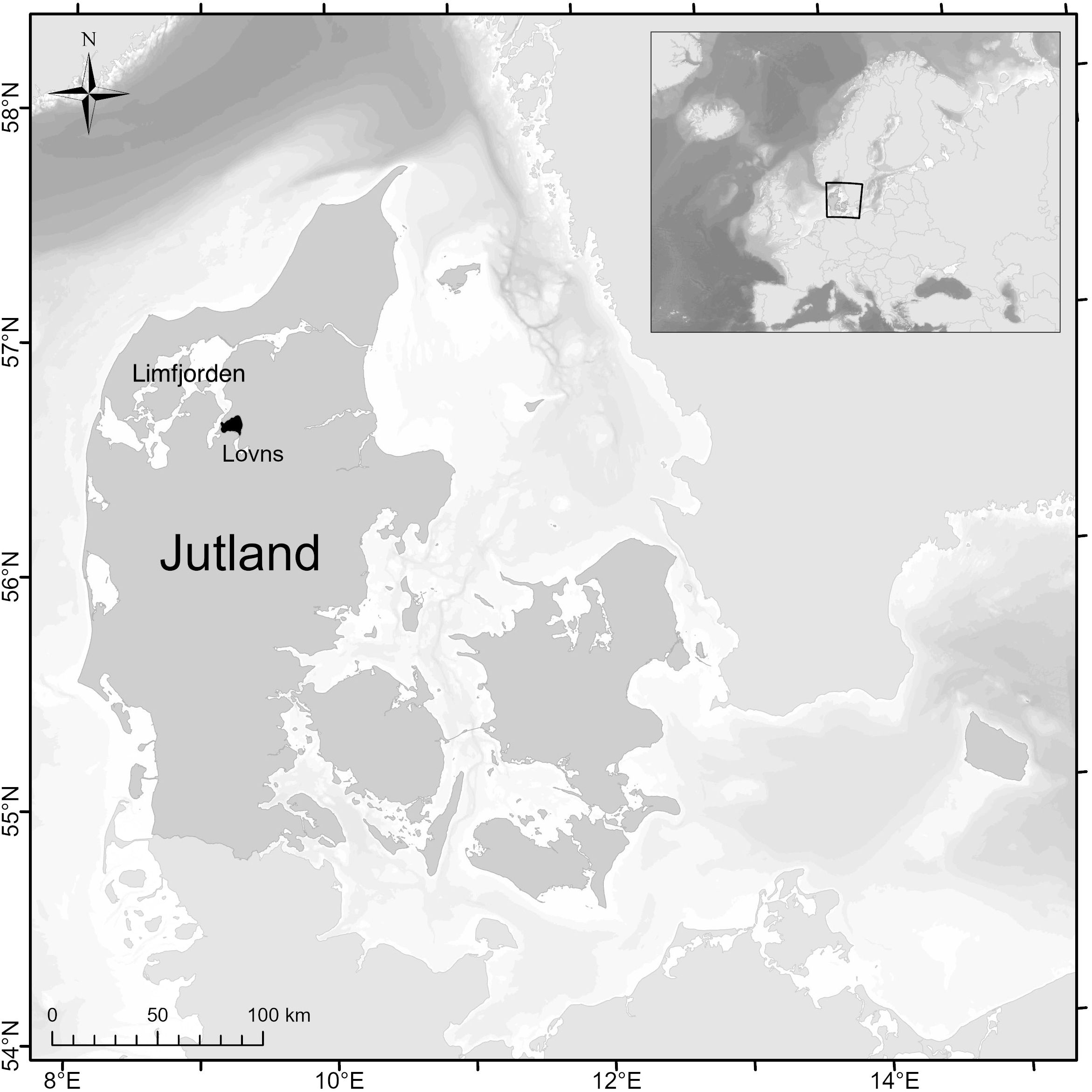 Map of Jutland in Denmark with topographic shading. Limfjorden and Lovns are labeled, indicated by a dark area. In the top-right corner, an inset map shows the location in Europe. Compass rose pointing north in the top-left. Scale bar included.