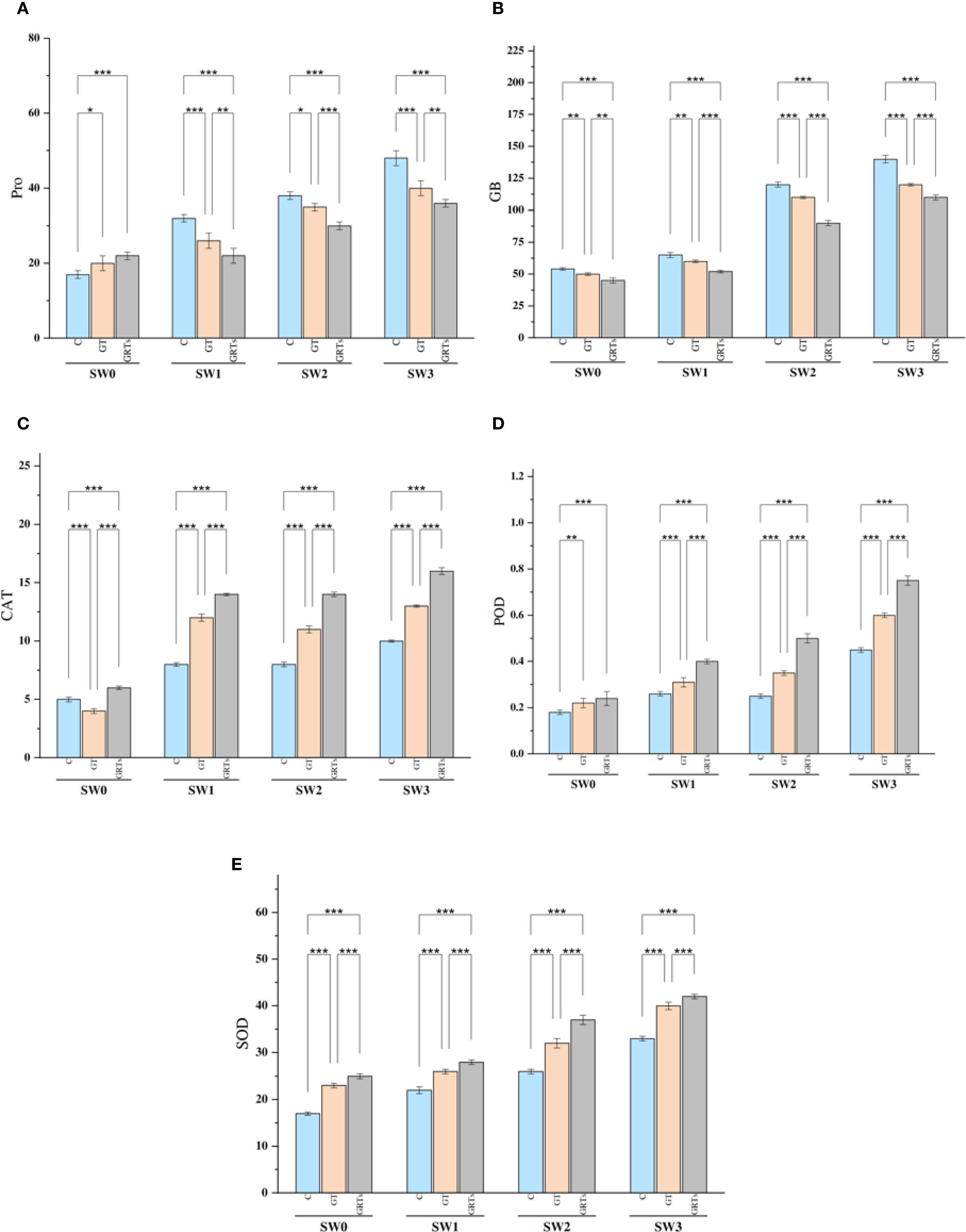 Bar graphs labeled A to E compare the levels of Pro, GB, CAT, POD, and SOD across four sample groups (SW0, SW1, SW2, SW3) for three conditions (C, GT, and GRTs). Each graph shows significant differences indicated with asterisks. Error bars suggest variability in measurements.