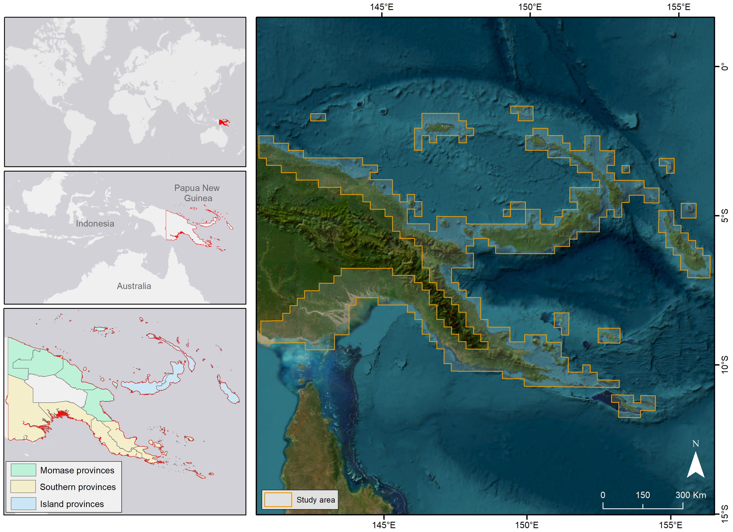Stacked bar chart showing areas of seagrass, mangrove, lowland peat swamp forests, and saltmarsh in square kilometers across provinces in Southern, Momase, and Islands regions. Western and Gulf provinces have the largest areas, especially in mangroves and lowland peat swamp forests.