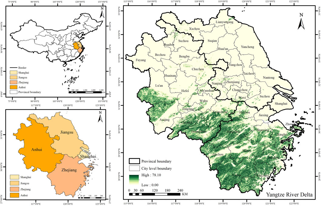 Map showing the Yangtze River Delta region in China, highlighting provinces Shanghai, Jiangsu, Zhejiang, and Anhui. The right map details city-level boundaries, marked by a gradient illustrating high and low values.