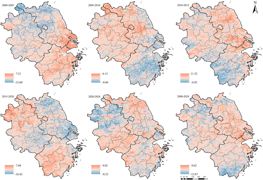 Six maps display regional temperature changes across different periods from 2000 to 2024. Red areas indicate warming, while blue areas show cooling. Each map covers a five-year period, except the last, which shows combined data from 2000 to 2024. Color gradients illustrate temperature variance, with legends indicating specific temperature ranges for each map.