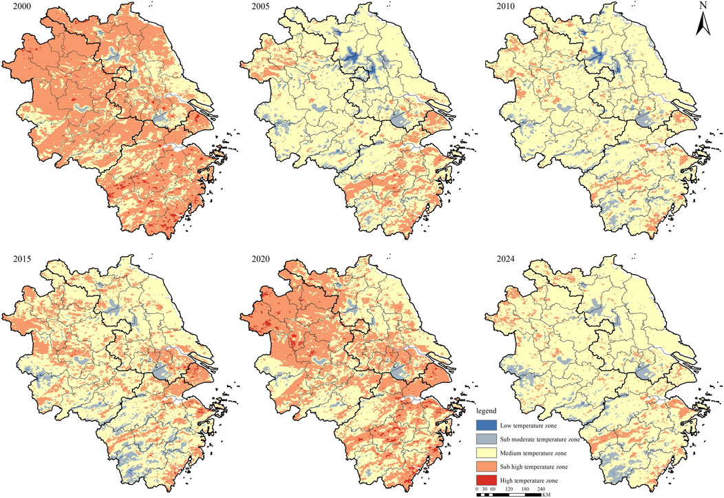 Six maps depicting land surface temperature changes from 2000 to 2024, in a specific region. Each map uses a color gradient from red (higher temperatures) to blue (lower temperatures), with temperature scales shown for each year.