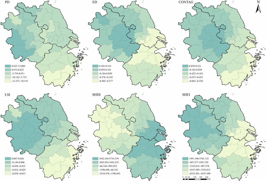 Six maps displaying spatial patterns across a region, each labeled with a different index: PD, ED, CONTAG, LSI, SHDI, and SHEI. Colors range from dark teal to light yellow, indicating varying data values. Legends on each map specify numerical ranges corresponding to these colors. A scale bar and north arrow are included.