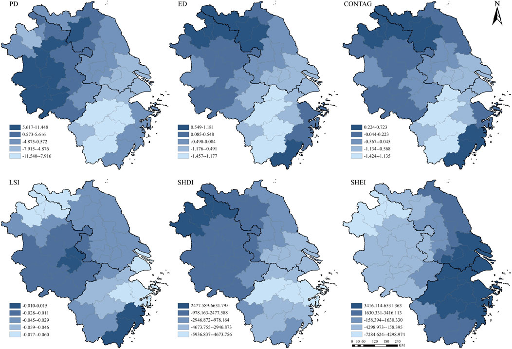 Six choropleth maps display the spatial distribution of various landscape metrics across a region. Each map uses a gradient of blue shades to represent different value ranges. The maps are labeled: PD, ED, CONTAG, LSI, SHDI, and SHEI. A compass rose indicating north and a scale bar are included for orientation and distance reference.