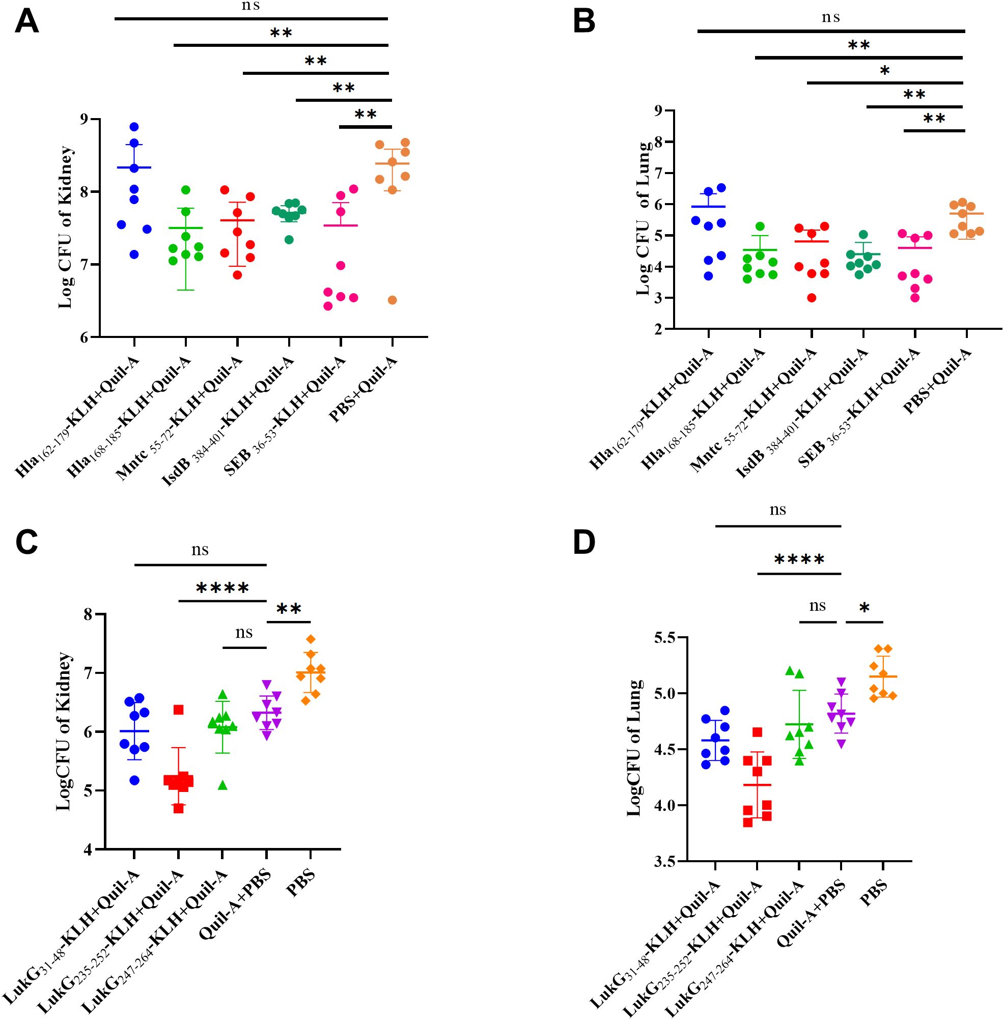 Four scatter plot graphs, labeled A through D, display log CFU of kidneys and lungs for different groups. Graphs A and C show kidney values, while B and D show lung values. Data points are color-coded per group. Significance is indicated by asterisks, with “ns” for not significant. X-axis labels include different treatment groups. Bars represent means with standard deviation.