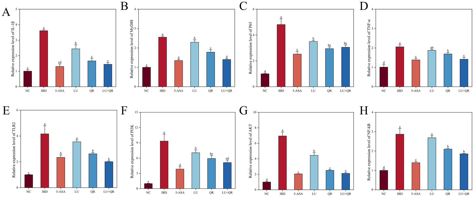 Bar charts labeled A to H display relative expression levels of various markers in different treatment groups: NC, IBD, 5-ASA, LU, QR, and LU+QR. The charts indicate that IBD generally shows the highest expression levels across markers like IL-1β, MyD88, and others, while NC often shows the lowest. Variations between treatments are marked by letters indicating statistical significance.