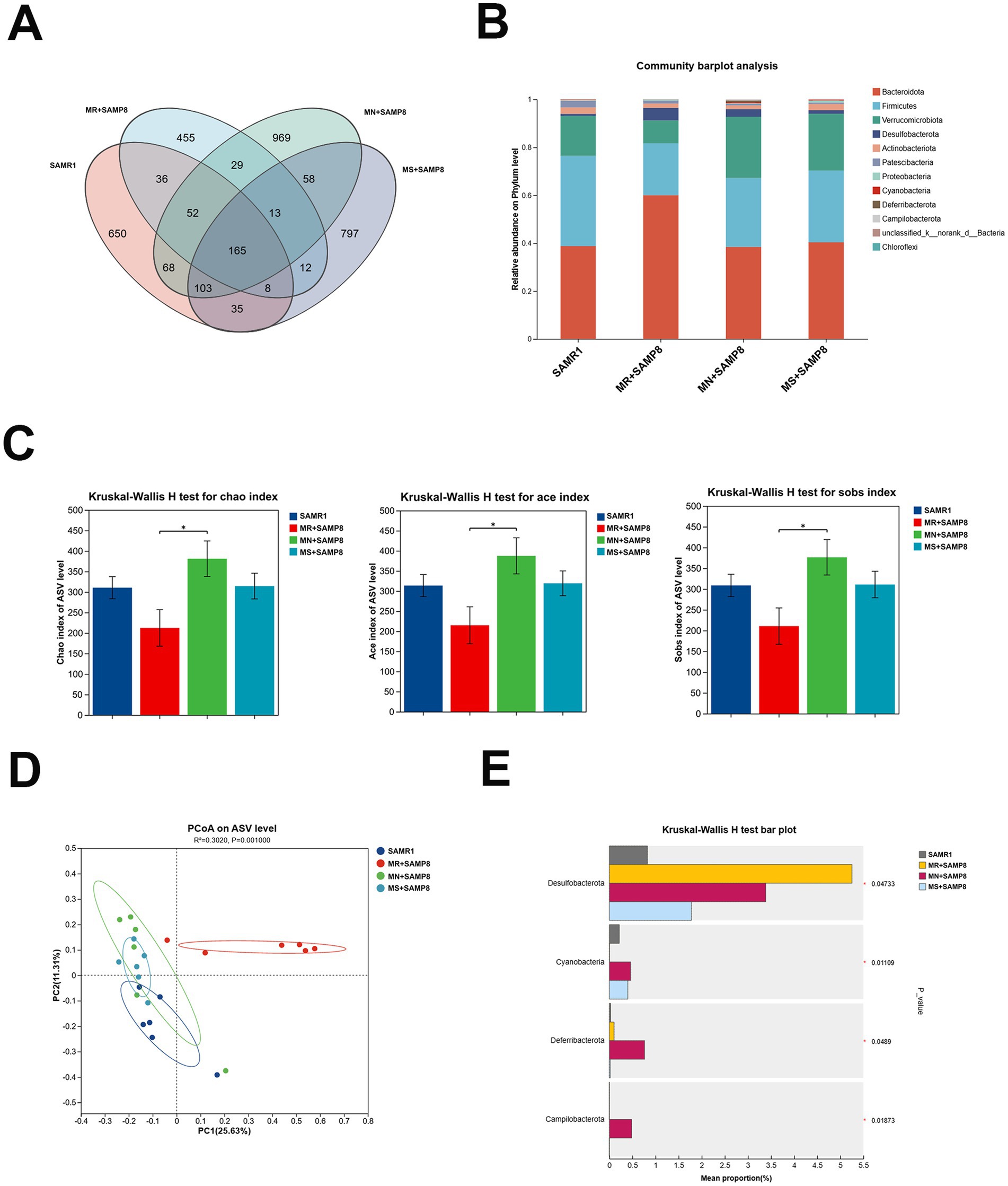 Venn diagram depicting shared and unique elements among four groups. Stacked bar chart comparing bacterial community composition. Bar charts showing Kruskal-Wallis H test results for Chao, Ace, and Sobs indices, highlighting diversity differences across groups. Principal Coordinate Analysis (PCoA) plot displaying sample clustering at the ASV level. Bar plot showing Kruskal-Wallis H test results for specific bacterial groups, indicating significant differences in proportions among the groups.