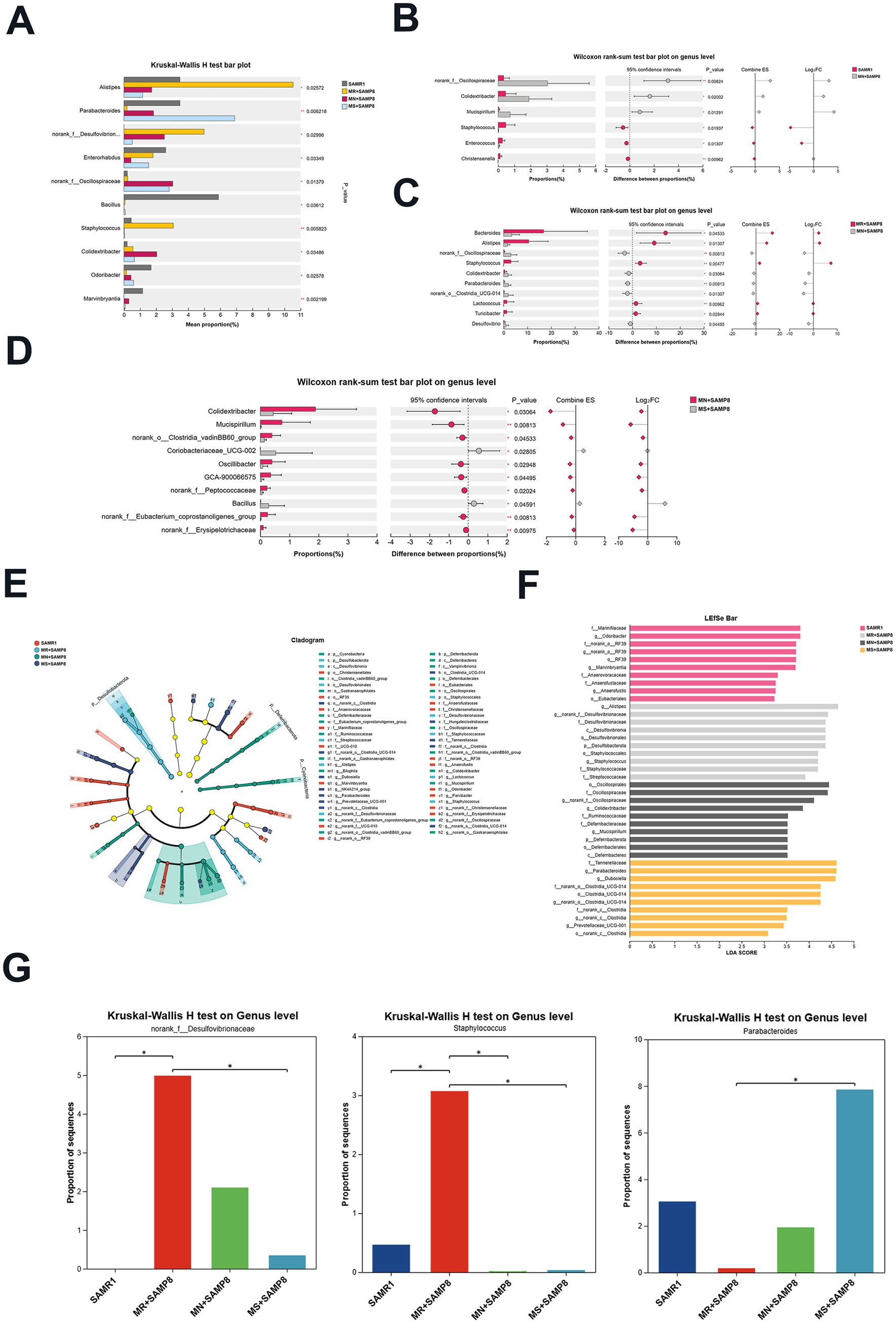 A series of graphs and charts analyzing microbiome data, comparing various samples using statistical tests. Panel A shows a Kruskal-Wallis H test bar plot, displaying mean proportion values with different groups highlighted. Panels B, C, and D feature bar plots with Wilcoxon rank-sum test results at the genus level, illustrating proportions, differences, confidence intervals, p-values, and log fold changes. Panel E depicts a cladogram, displaying taxonomic relationships among groups. Panel F shows LEfSe bar plots indicating LDA scores. Panel G contains Kruskal-Wallis H test bar plots for specific genera, highlighting proportions across three sample groups with statistical significance denoted by asterisks.