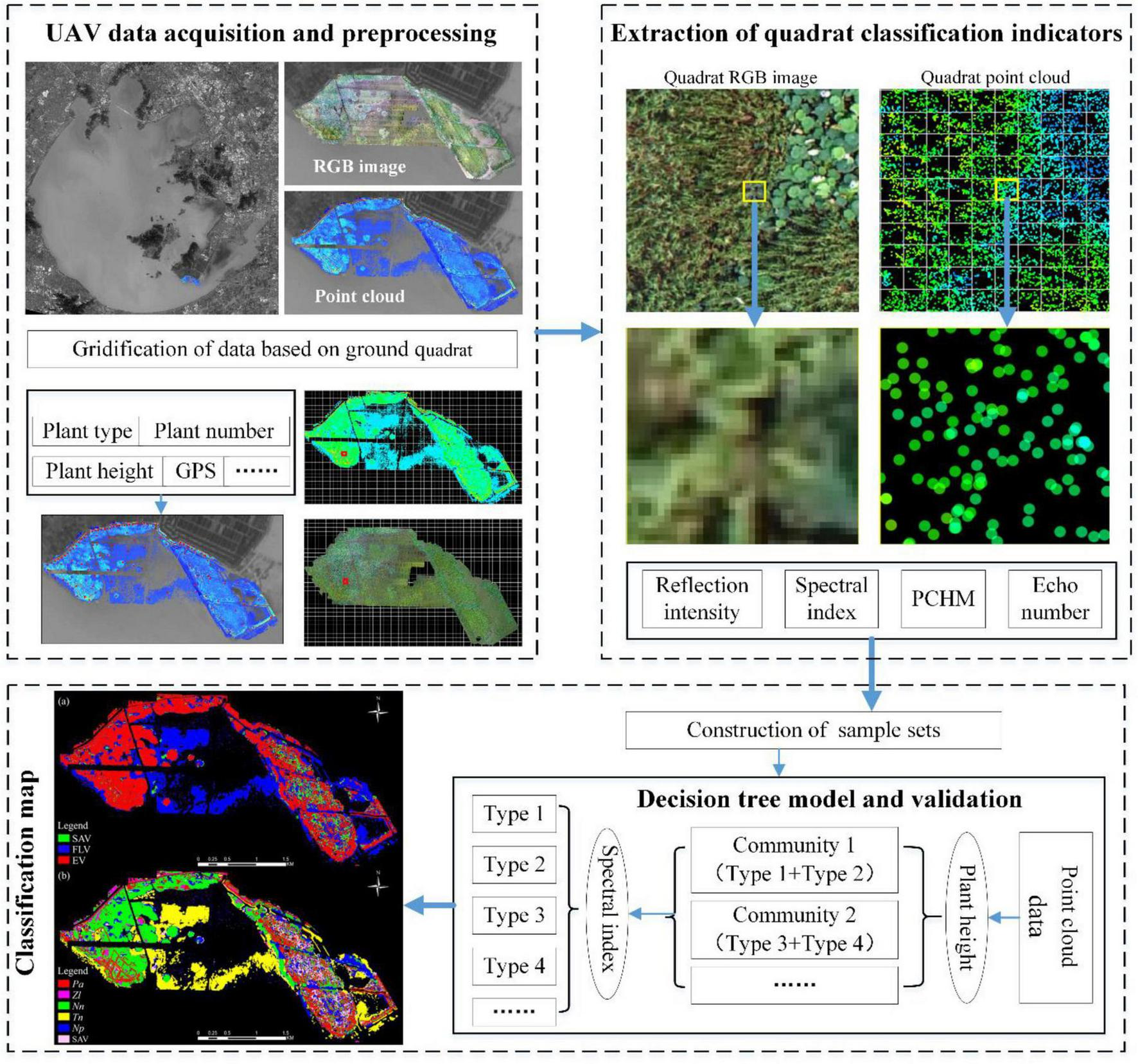 Flowchart illustrating a process for UAV data acquisition, processing, and classification. It includes sections on acquiring RGB images and point clouds, extracting classification indicators such as reflection intensity and spectral index, and creating a classification map. The diagram shows a decision tree model for plant type classification based on spectral index and other data, leading to a classification map highlighting different plant communities.