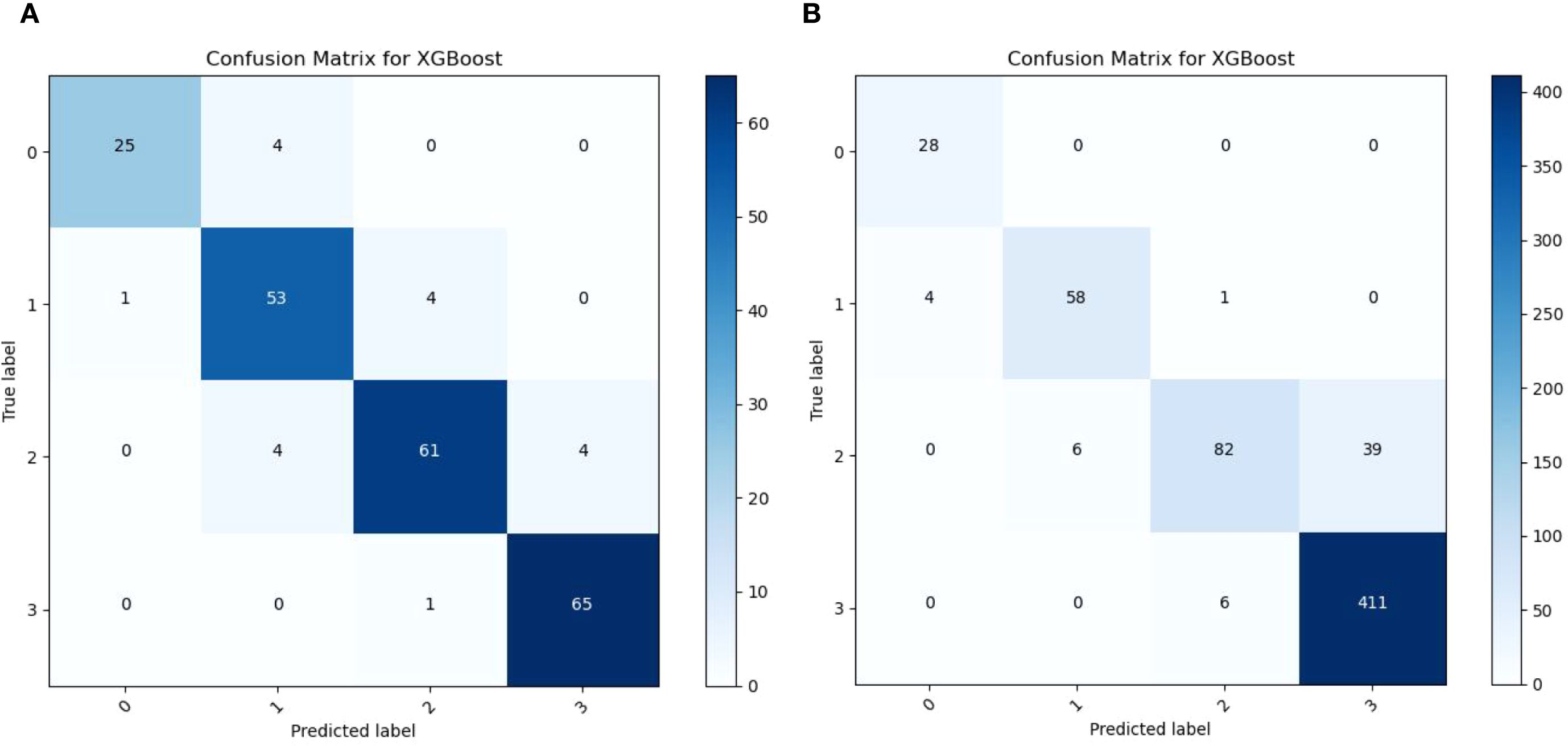 Two confusion matrices for XGBoost are shown. Matrix A has true labels from 0 to 3, with the highest correct predictions at (1,1) and (2,2). Matrix B also ranges from 0 to 3, with the highest correct predictions at (2,2) and (3,3). Both matrices include a color gradient indicating prediction frequency.