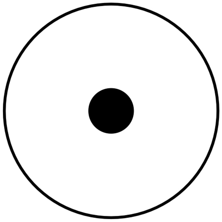 A black dot surrounded by a thin black circle on a white background. The arrangement resembles a classic yin and yang symbol without the contrasting colors.