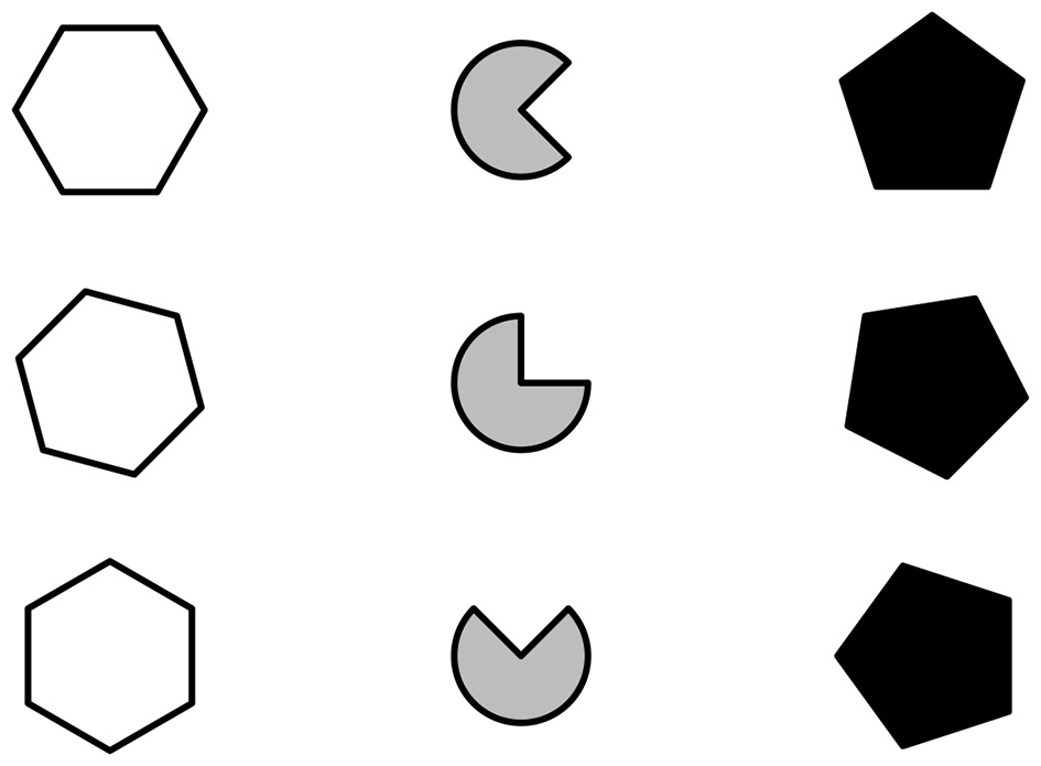 Three rows of shapes are shown. Each row contains three shapes: a hexagon on the left, a shaded Pac-Man-like shape in the center, and a pentagon on the right. The pentagons increase in shading from outline to solid black from top to bottom.