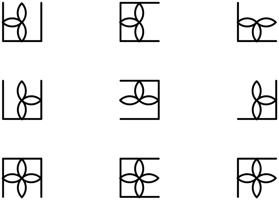 Nine geometric designs arranged in a grid. Each design features a central floral pattern with four petals, enclosed by various combinations of corner brackets. The designs are identical except for rotation and placement of brackets.