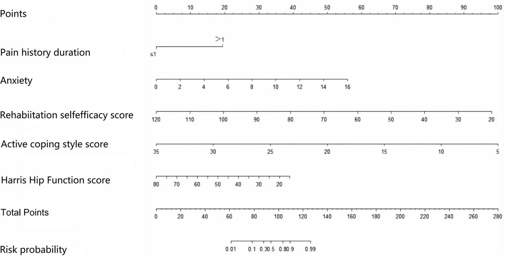 Chart displaying risk assessment using scores for various factors: pain history duration, anxiety, rehabilitation self-efficacy, active coping style, and Harris Hip Function. Points range from zero to one hundred, total points to two hundred eighty, and risk probability from zero point zero one to zero point ninety-nine.