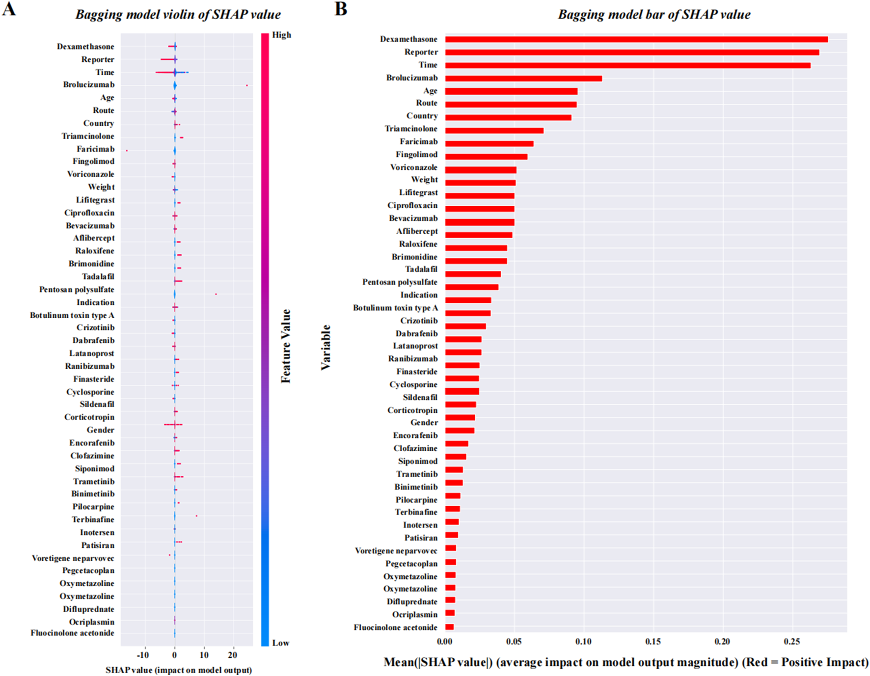 Panel A shows a violin plot of SHAP values for a bagging model, indicating the impact of features on the model output, with a gradient from low to high feature values. Panel B presents a bar chart of SHAP values, ranking features by mean impact, with red bars signifying positive impacts. Both panels highlight "Dexamethasone," "Reporter," and "Time" as top features.