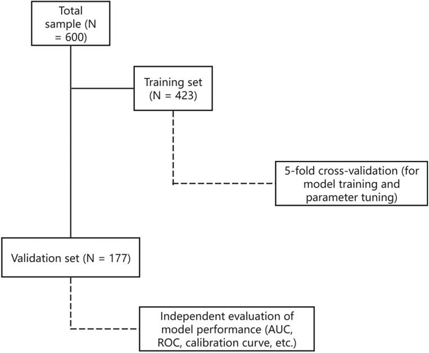 Flowchart illustrating sample distribution for model training and evaluation. Total sample of six hundred divided into a training set of four hundred twenty-three and a validation set of one hundred seventy-seven. The training set undergoes five-fold cross-validation for model training and parameter tuning. The validation set is used for independent evaluation of model performance, including AUC, ROC, and calibration curve analyses.