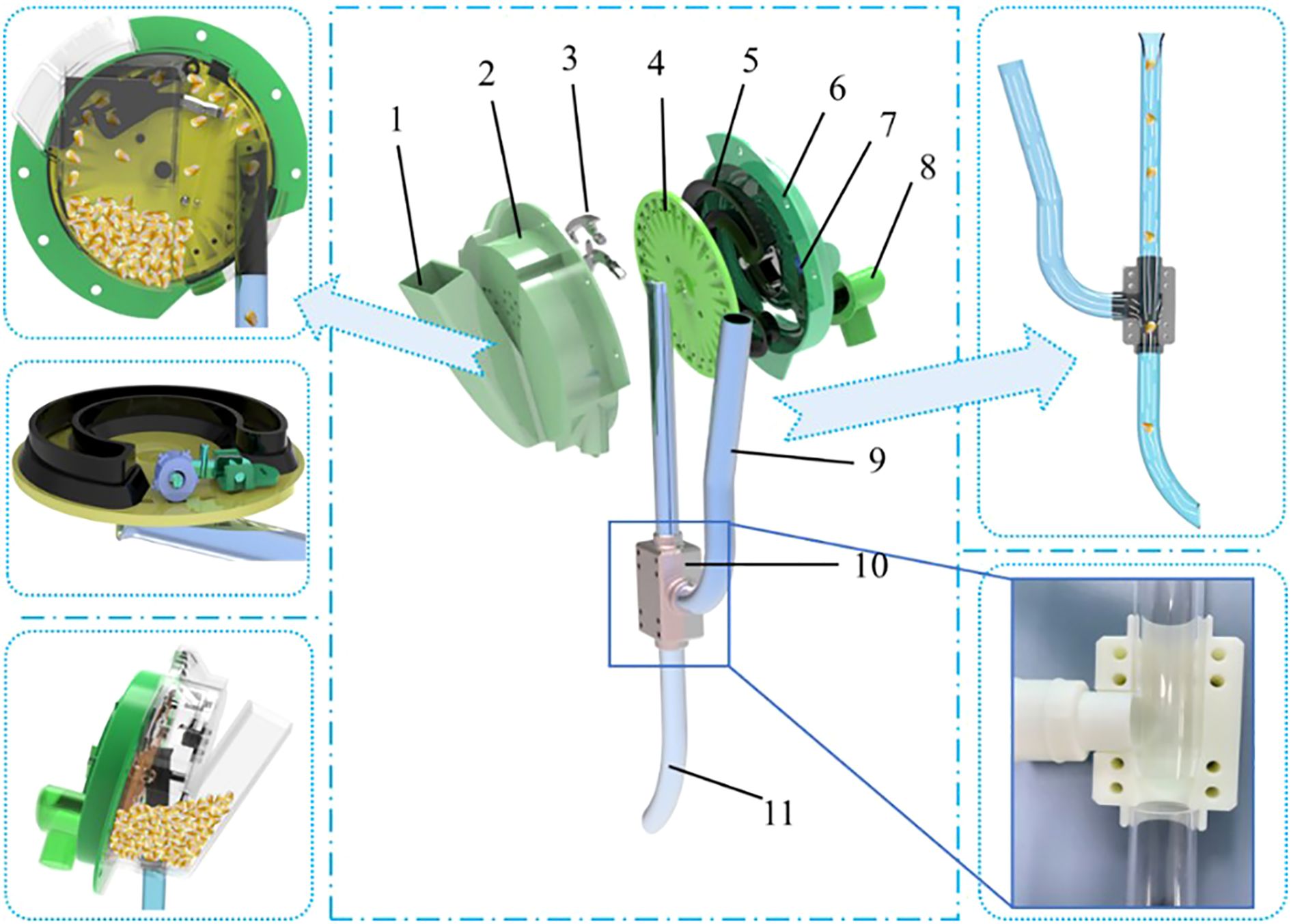 Exploded view diagram of a seed planting mechanism, showcasing numbered parts and components. Inserts display detailed sections of the mechanism, including seed distribution and flow through tubes. Blue arrows indicate the direction of seed flow, connecting various parts of the system. The diagram highlights the mechanical assembly and tubing integral to the planting device.