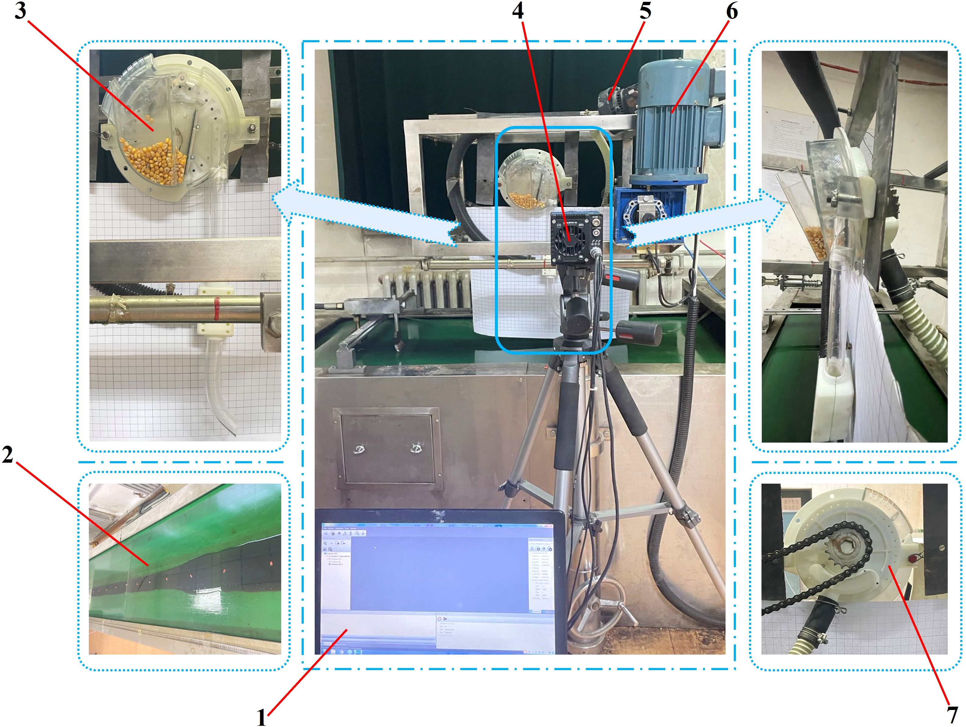 Machine apparatus with multiple components labeled one through seven. Central setup includes a camera on a tripod. Label one shows a computer screen, two displays a conveyor belt. Three and six highlight sections with corn kernels. Four and five point towards machinery parts, while seven reveals a gear system with a chain.