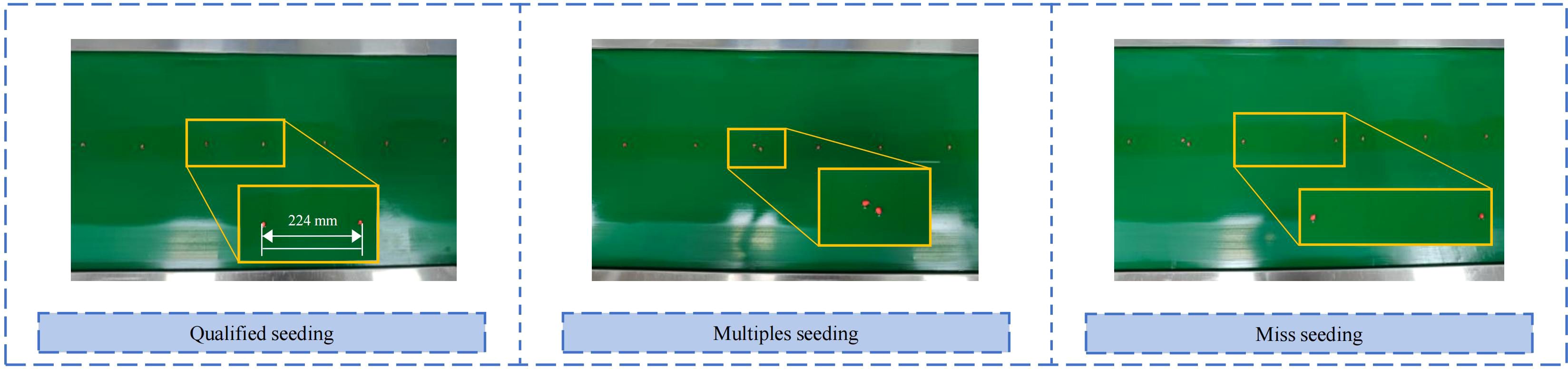 Three panels depict different seeding scenarios on a green background. The left panel shows “Qualified seeding” with two seeds spaced 224 millimeters apart. The middle panel, “Multiples seeding,” displays multiple seeds in close proximity. The right panel, “Miss seeding,” illustrates a missing seed that should have been placed. Each scenario is highlighted with a yellow rectangle.