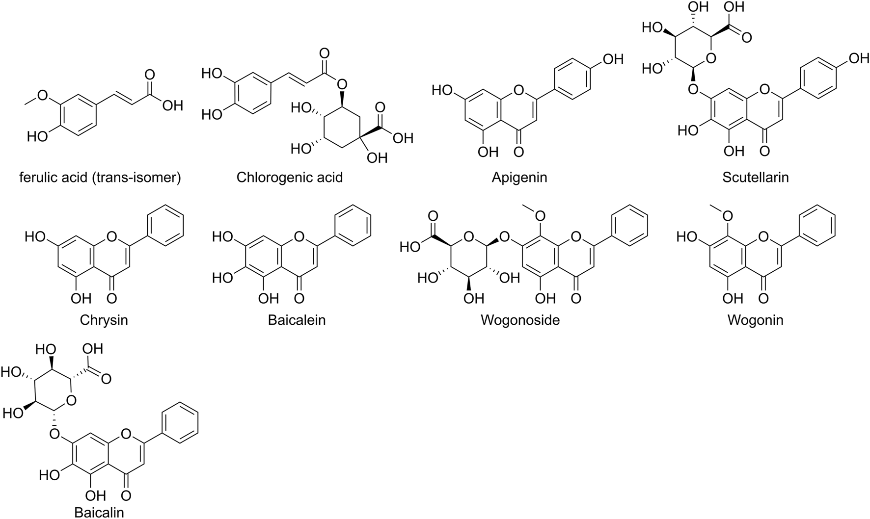 Chemical structures of eight compounds: ferulic acid (trans-isomer), chlorogenic acid, apigenin, scutellarin, chrysin, baicalein, wogonoside, and wogonin, each labeled with their structural formulas.