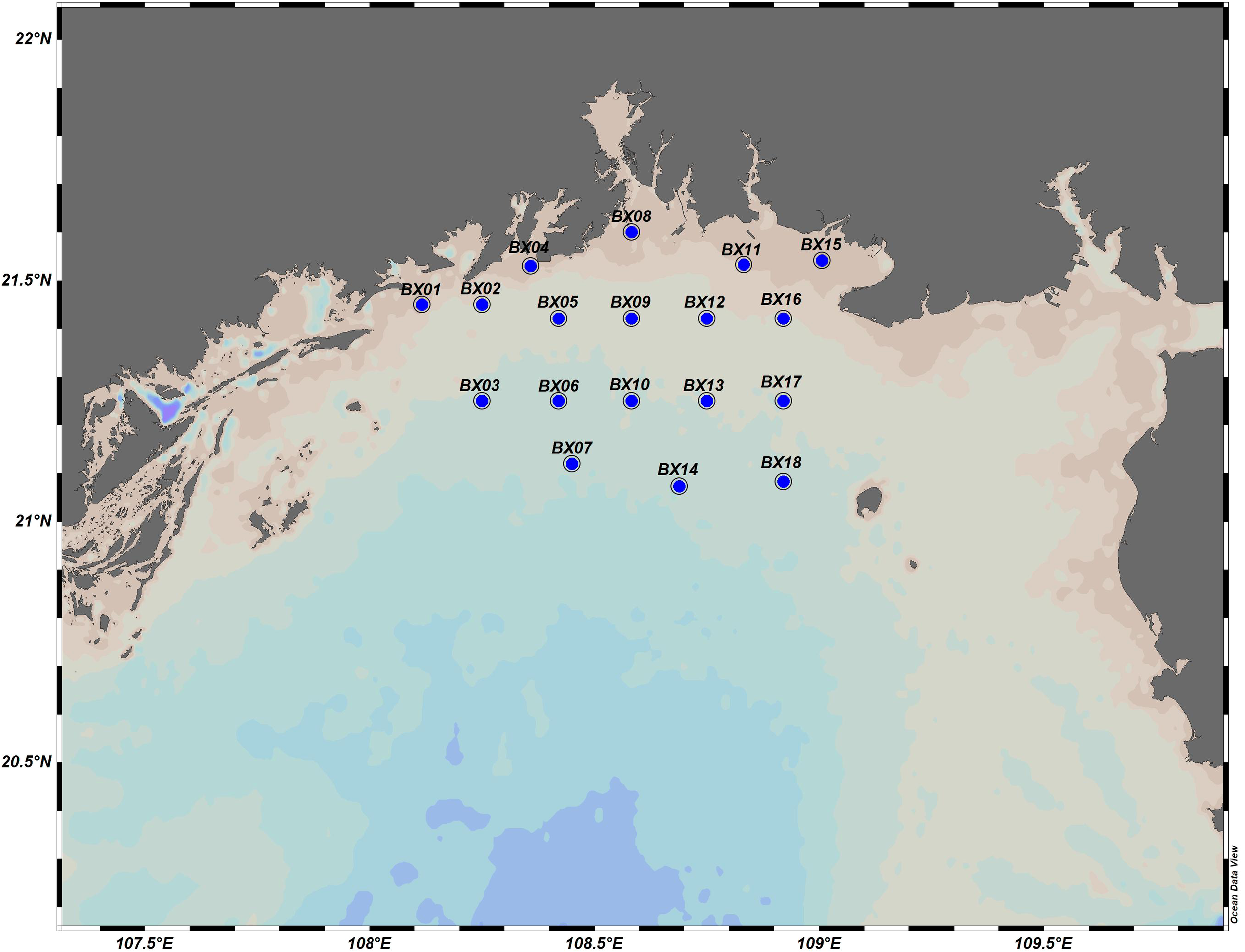 Map showing a coastal region with labels for specific locations, BX01 to BX18, marked by blue dots. The background alternates between shades of gray and beige, denoting different geographic or oceanographic features. Latitude and longitude are marked on the borders.