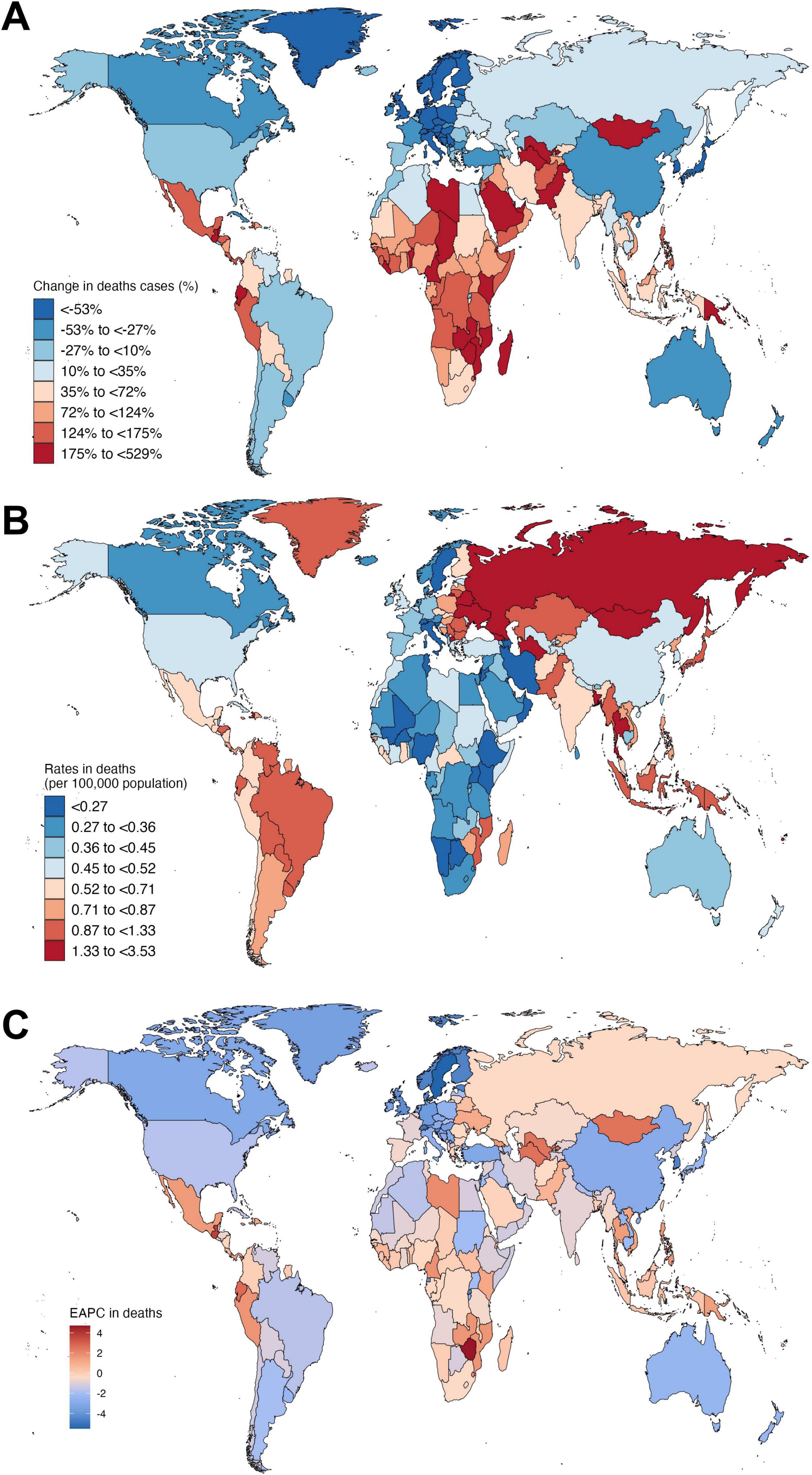 Three world maps illustrating changes and rates in death cases. Map A shows percentage change in deaths, with darker blues indicating larger decreases and reds indicating larger increases. Map B displays death rates per 100,000 population, using a gradient from blue for lower rates to red for higher rates. Map C shows the Estimated Annual Percentage Change (EAPC) in deaths, with blue indicating reduction trends and red indicating increasing trends. Each map includes a color legend for reference.